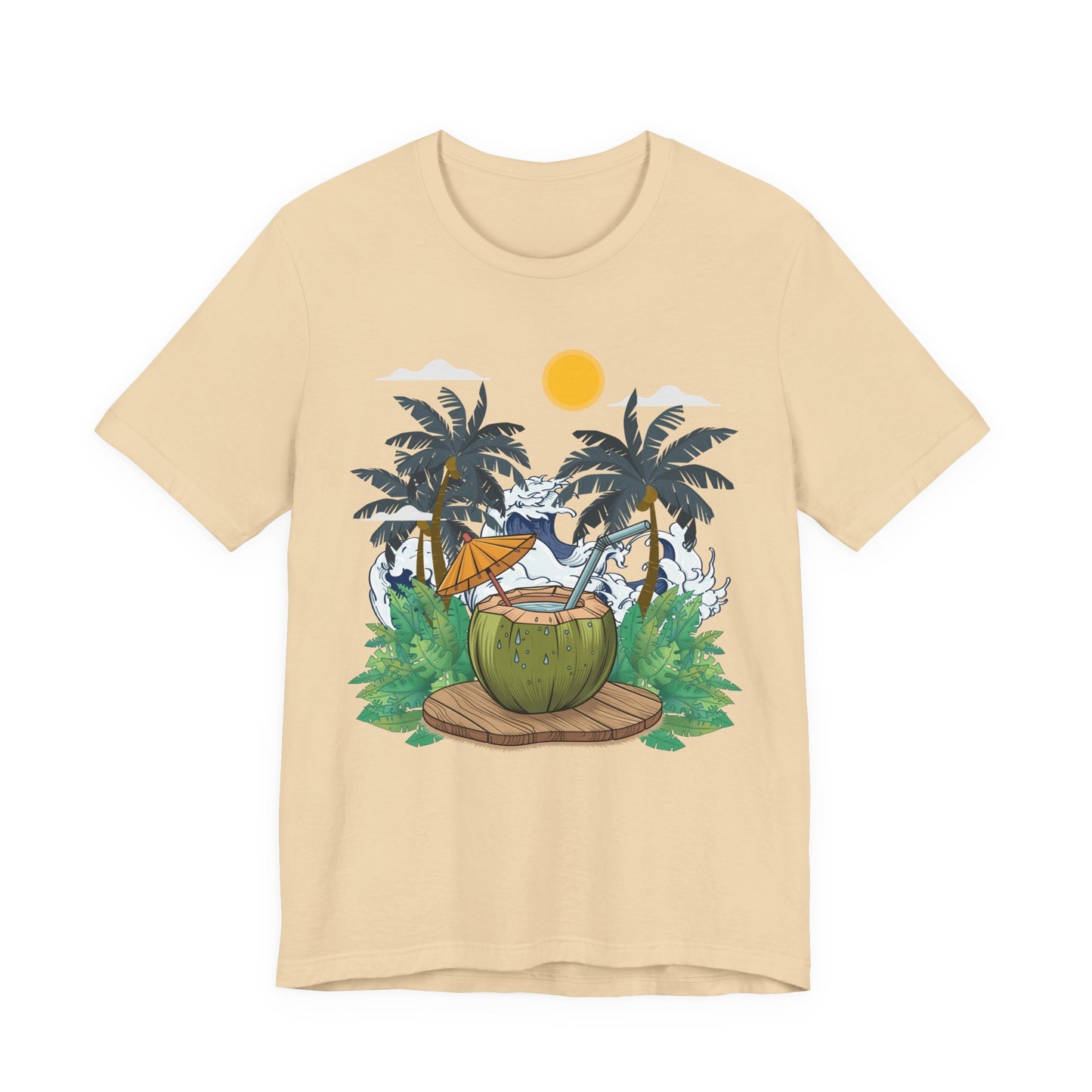 Paradise Found Tropical Refresh – Tender Coconut Drink with Palm Leaves & Ocean Waves Graphic T-Shirt