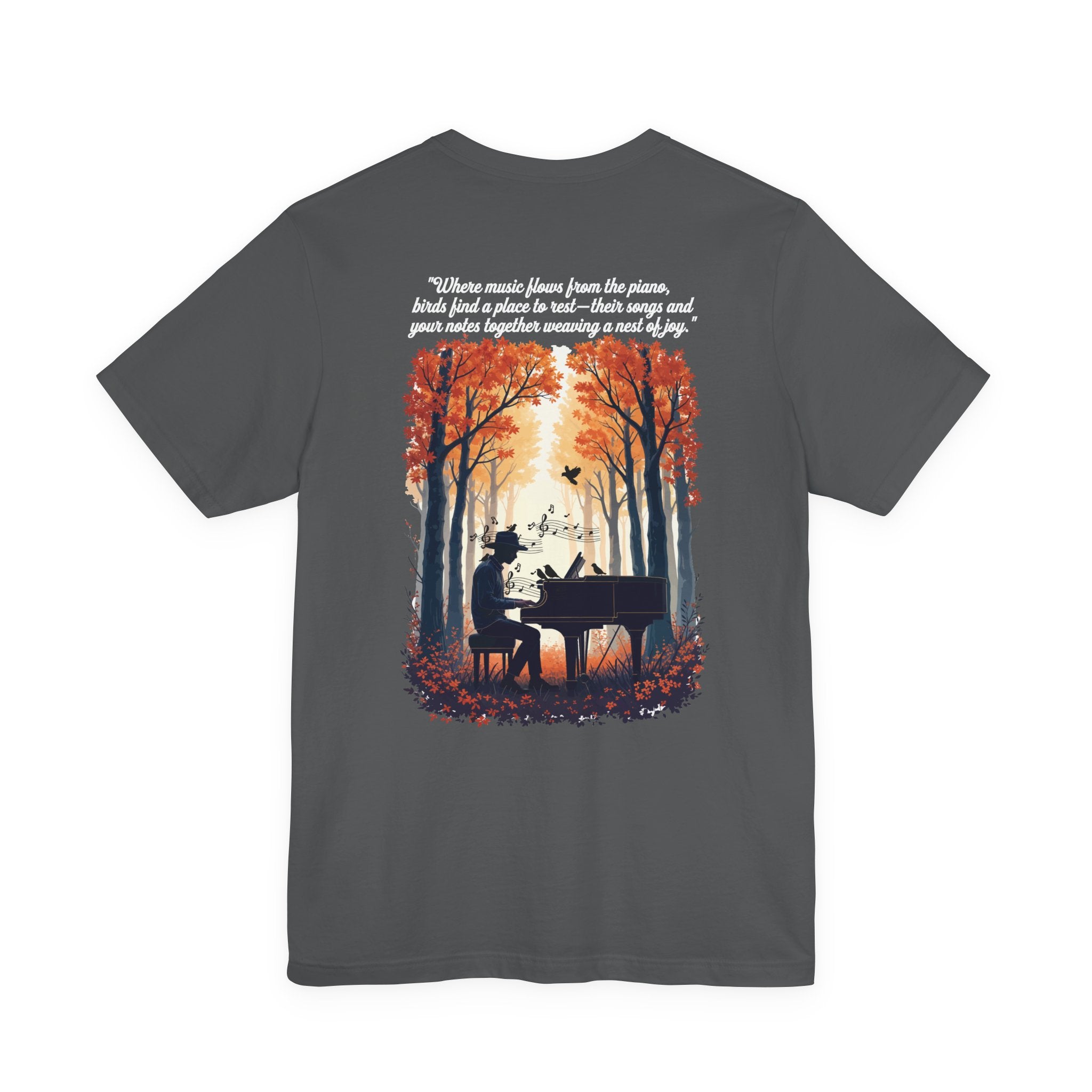 Music & Nature Harmony T-Shirt – Grand Piano in Autumn Forest Scene [White Text]