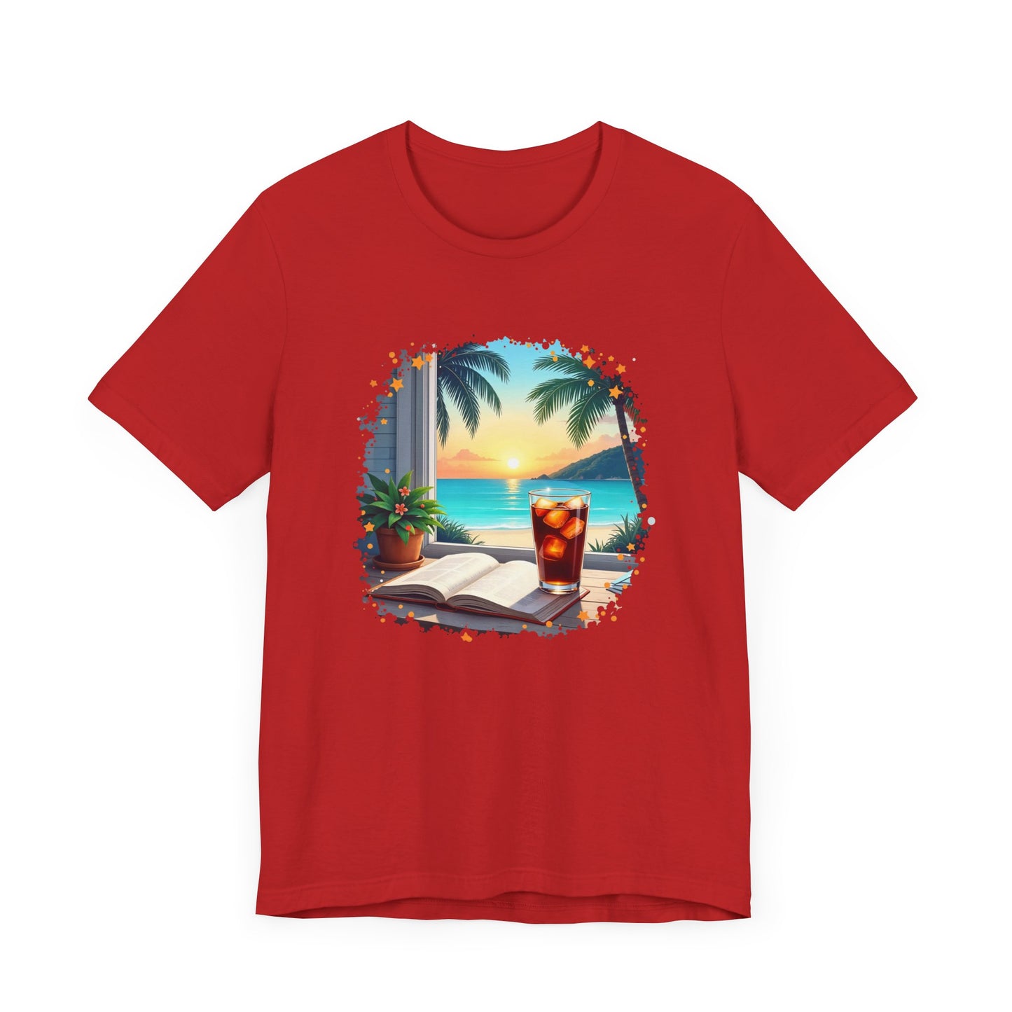 Romanticize Everything - Beachside Serenity – Table with Book, Drink & Flower Pot by Window Graphic T-Shirt