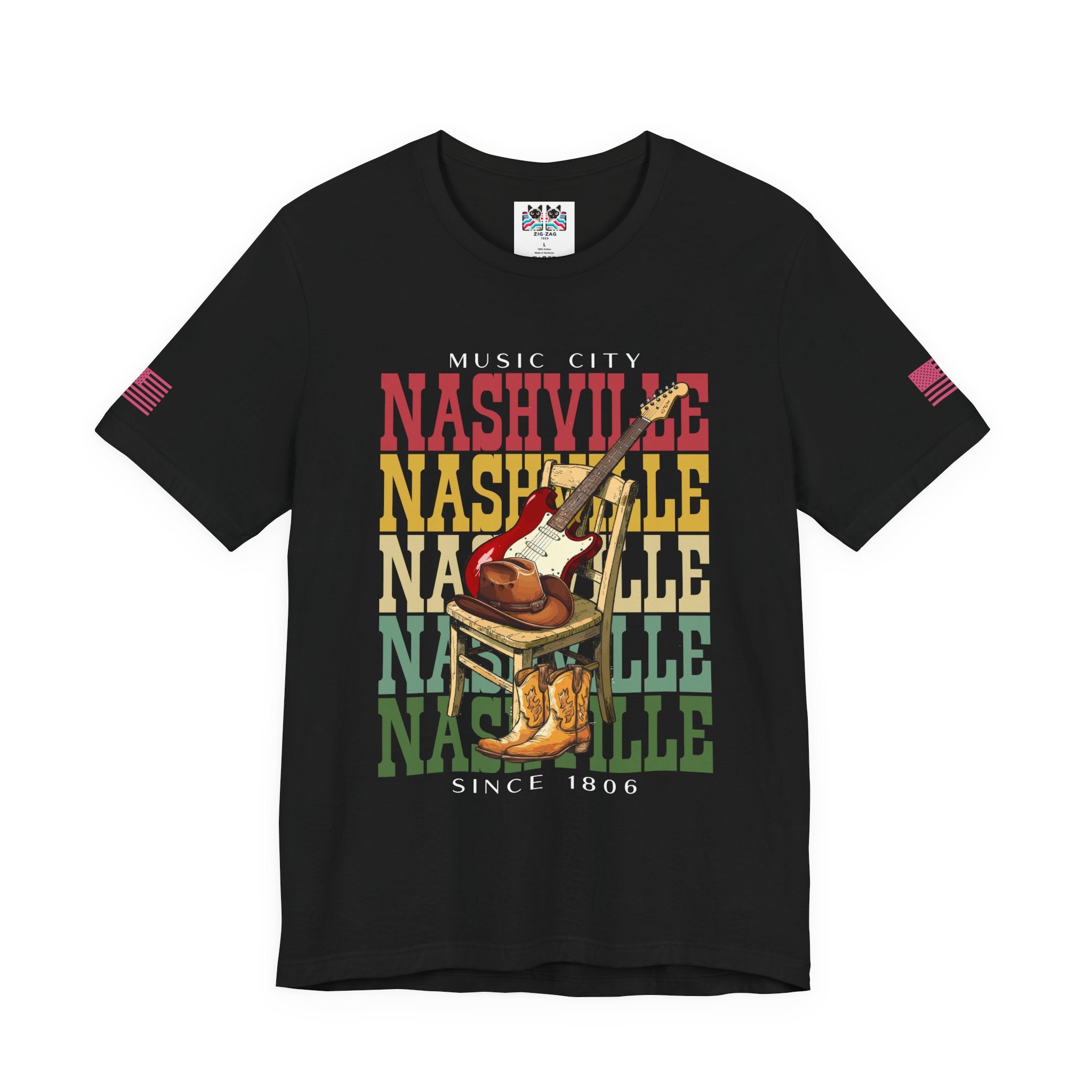 Music City Nashville T-Shirt – Stacked Repeat Typography Electric Guitar Cowboy Hat & Boots Graphic Tee Since 1806