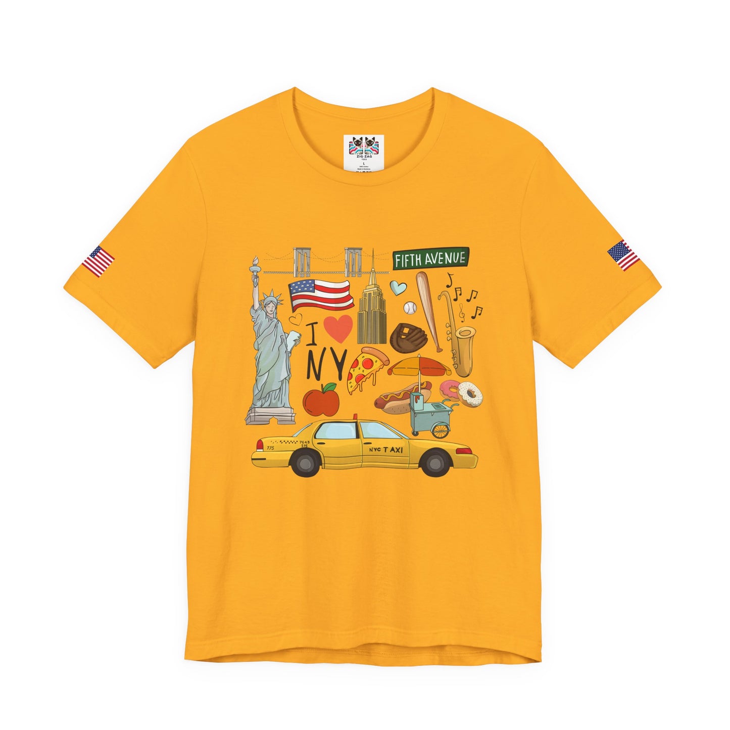 I Love NY T-Shirt - New York City Icons Graphic Tee with Statue of Liberty, Taxi & Food