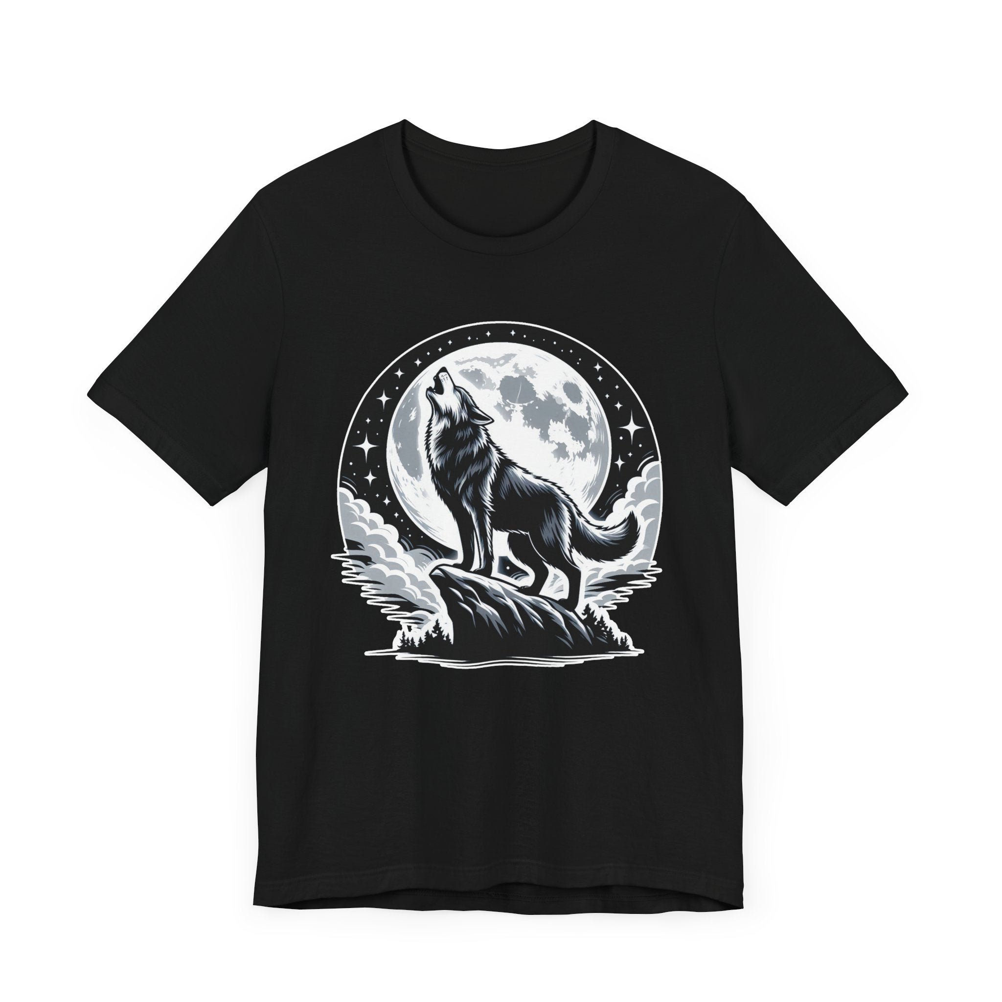Mystical and Wild - Wolf Howling on Mountain Edge with Full Moon and Stars Graphic T-Shirt