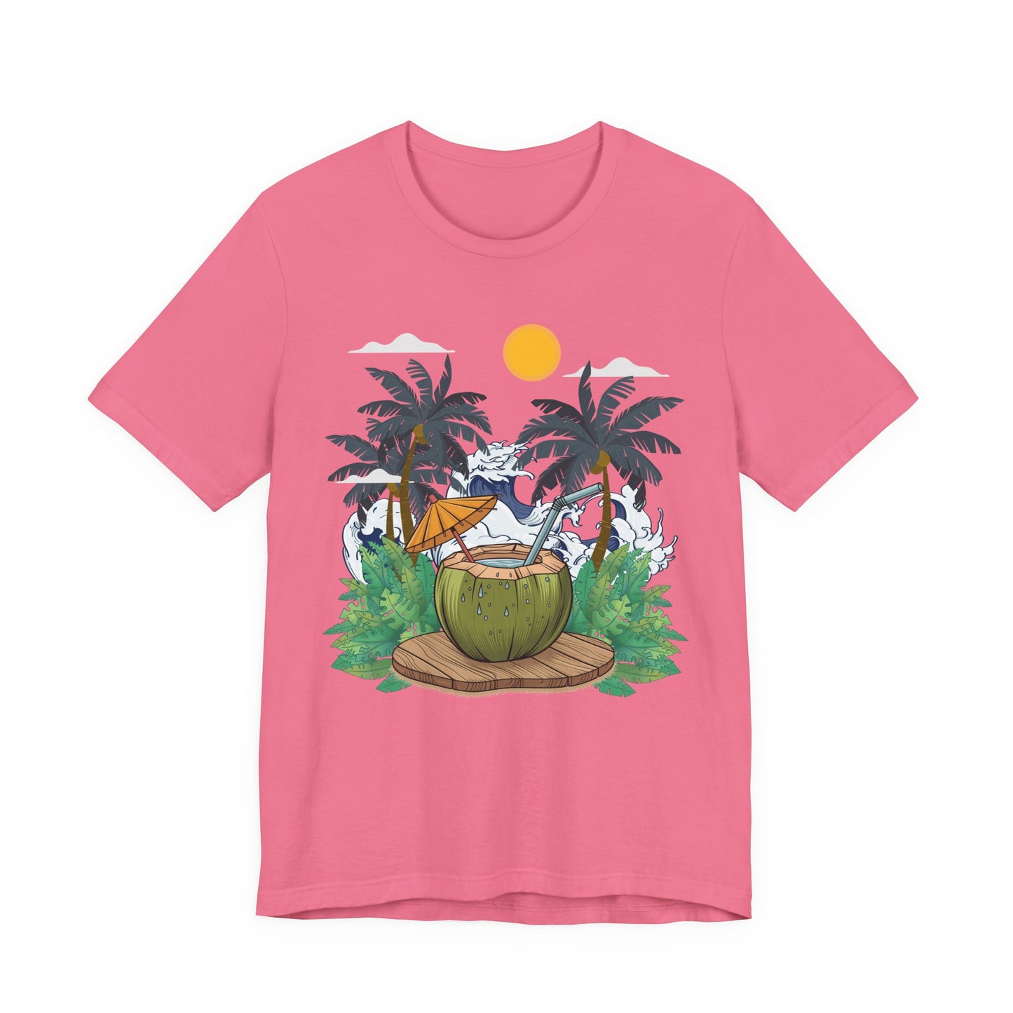 Paradise Found Tropical Refresh – Tender Coconut Drink with Palm Leaves & Ocean Waves Graphic T-Shirt