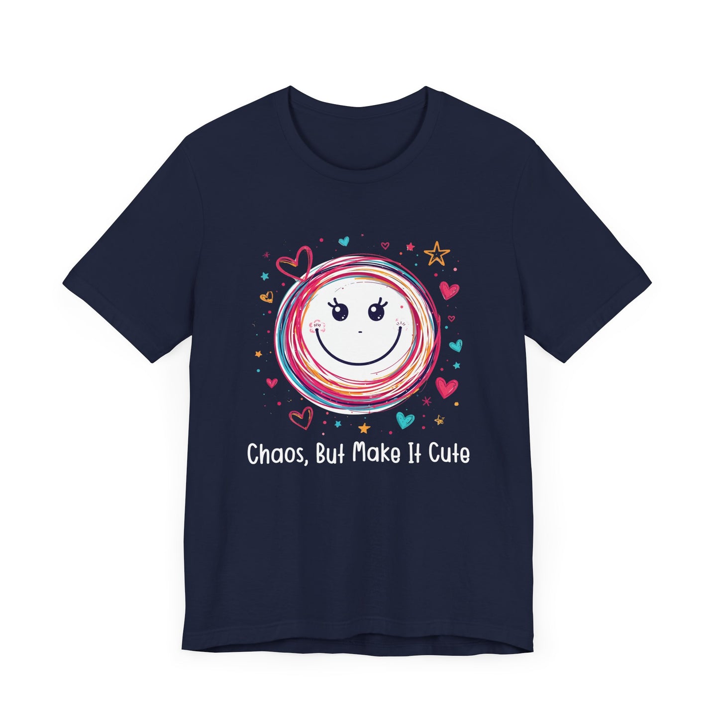 Chaos, But Make It Cute – Colorful Scribbled Circles with Smiley, Hearts & Stars Graphic T-Shirt