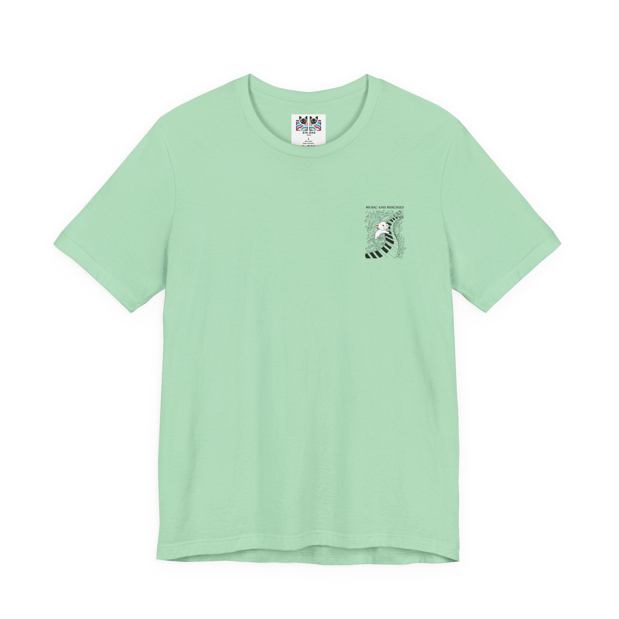 Music and Mischief T-Shirt – Piano and Playful Cat Graphic
