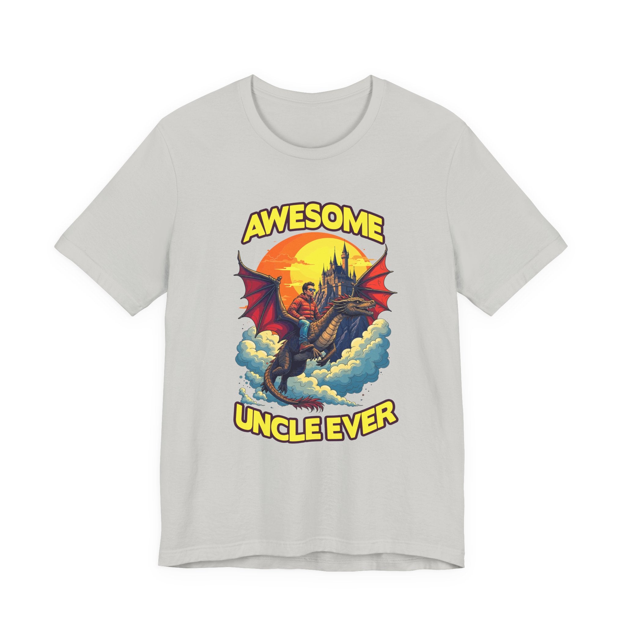 Awesome Uncle Ever Tshirt Man Riding Large Dragon Flying in Clouds with Castle in background