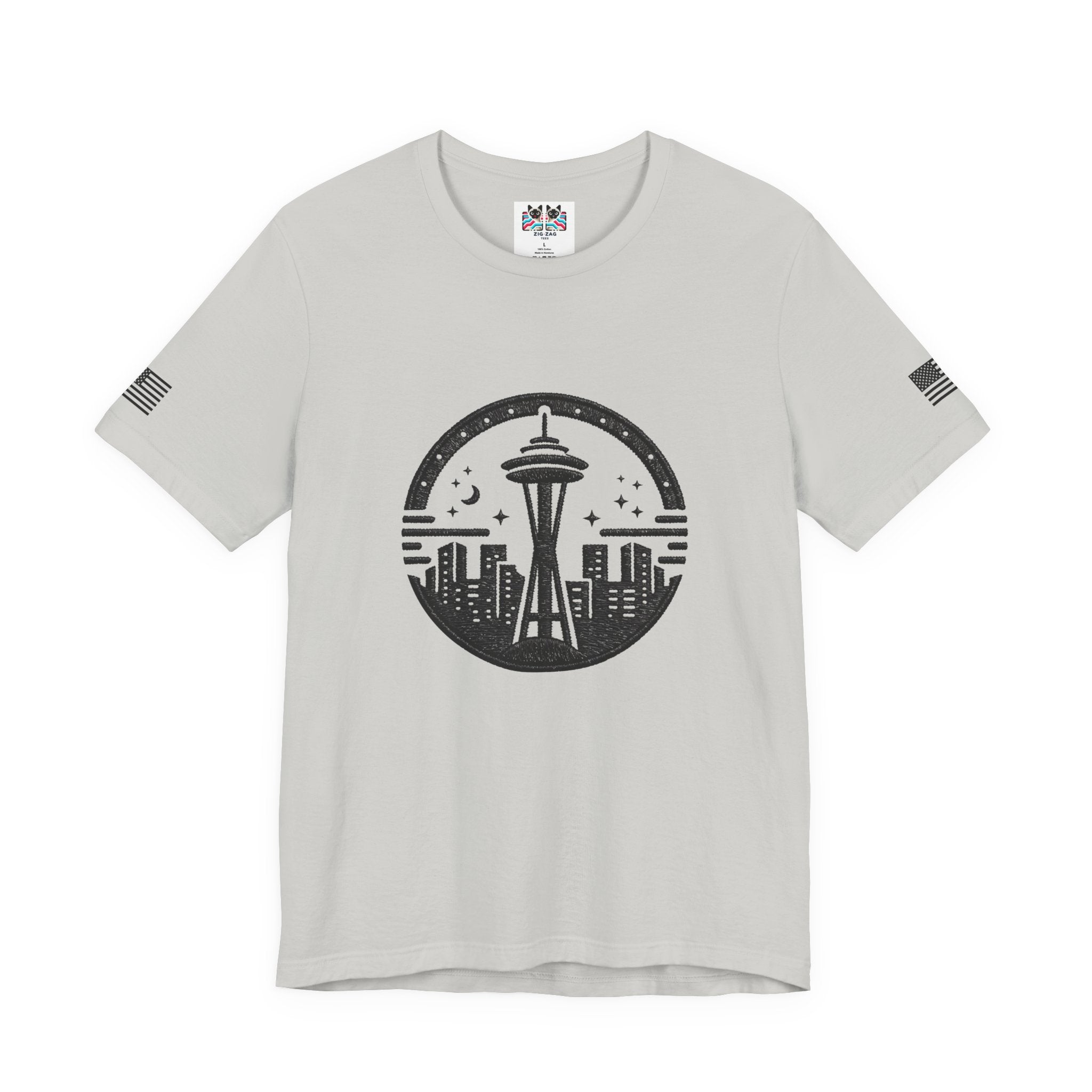 Seattle Space Needle Night Sky Circle Emblem Graphic T-Shirt | Seattle Souvenir Tee | Emerald City Emblem Shirt