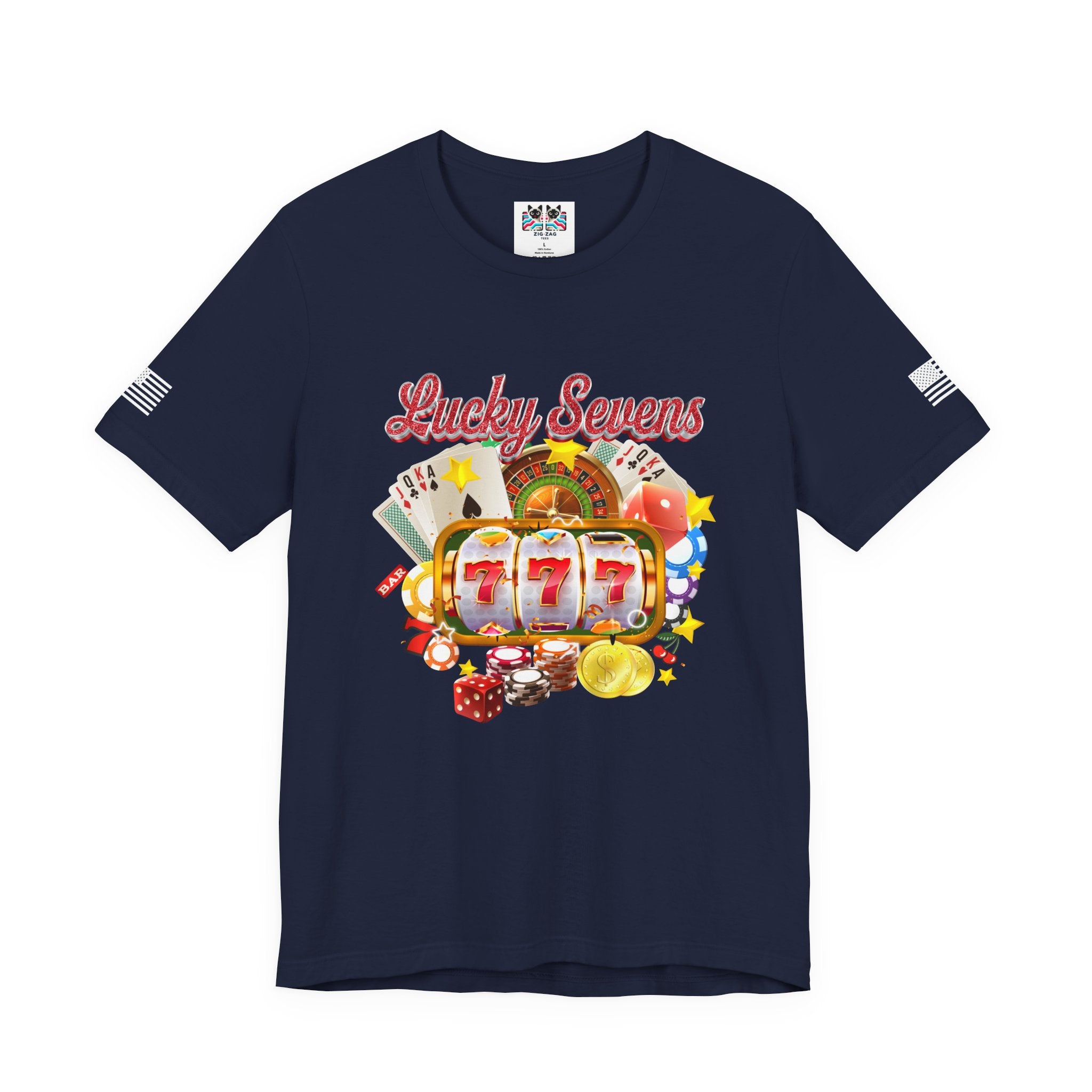 Lucky Sevens Casino T-Shirt – 777 Slot Machine Roulette Poker Chips Vegas Tee
