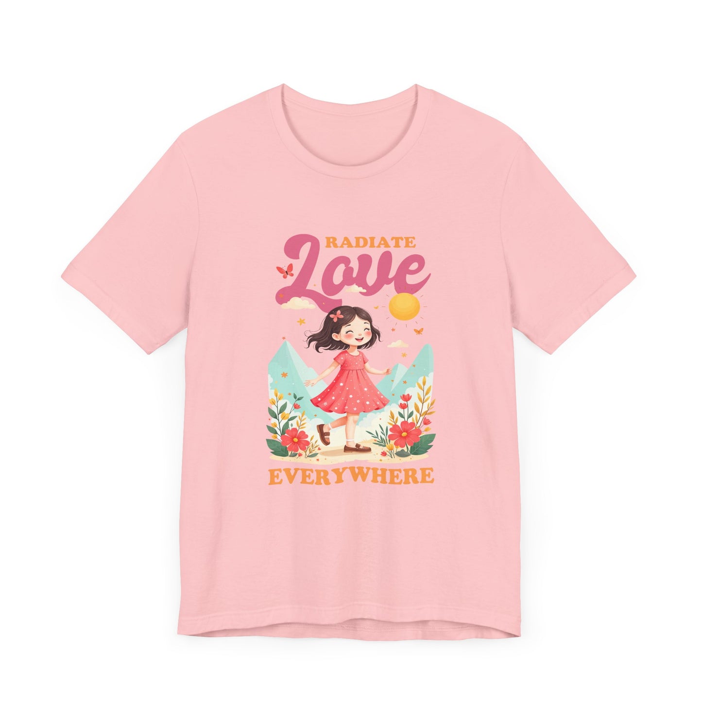 Radiate LOVE Everywhere – Happy Girl Walking in Flower Garden with Butterflies Graphic T-Shirt