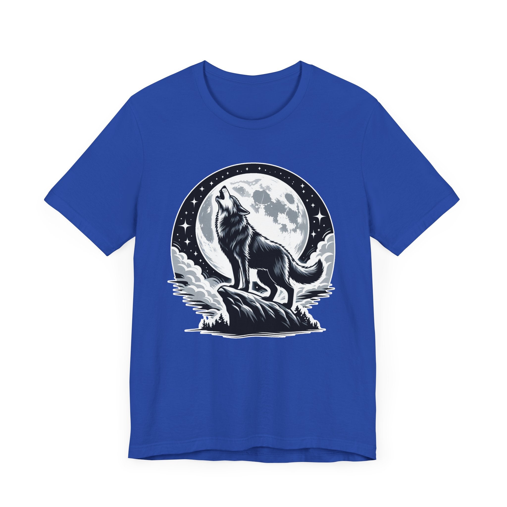 Mystical and Wild - Wolf Howling on Mountain Edge with Full Moon and Stars Graphic T-Shirt