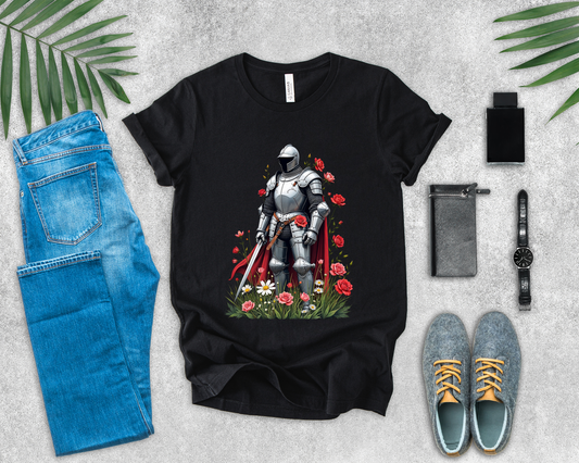 Medieval Knight and Roses Graphic Shirt – Strength and Beauty