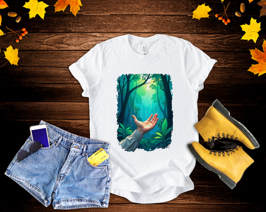 Forest Connection T-Shirt – Hand Reaching for Rain Nature Art