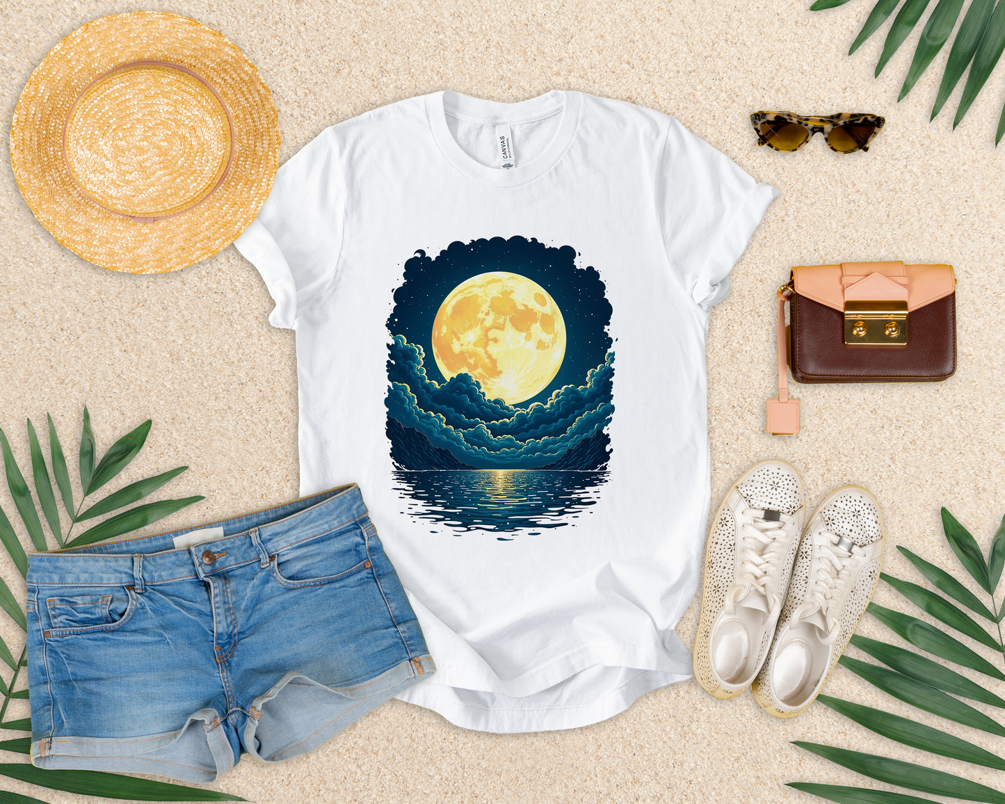 Full Moon Over Water T-Shirt – Night Sky and Clouds Graphic Tee