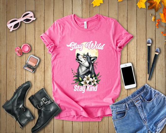 Stay Wild Stay Kind Wolf T-Shirt – Moon and Flower Nature Graphic