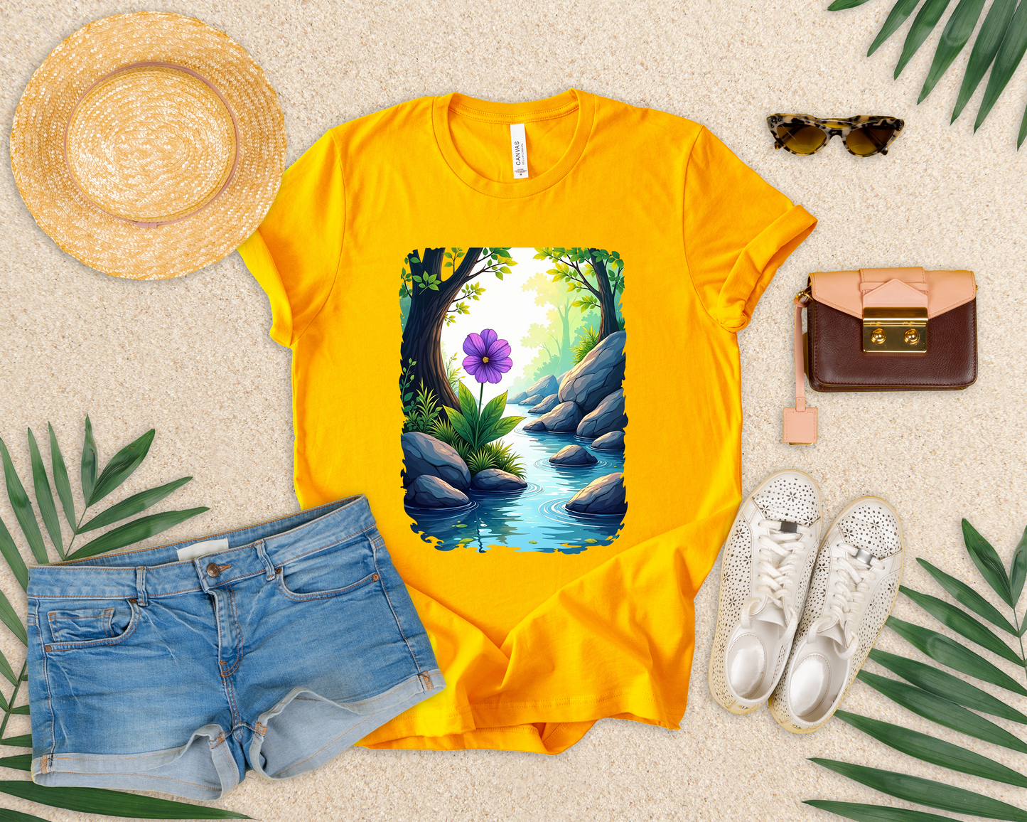 Tranquil Flower Creek T-Shirt – Nature Art Graphic Tee