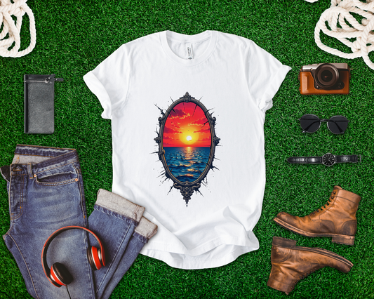 Sunset Portal T-Shirt – Ocean View Through Ornate Frame