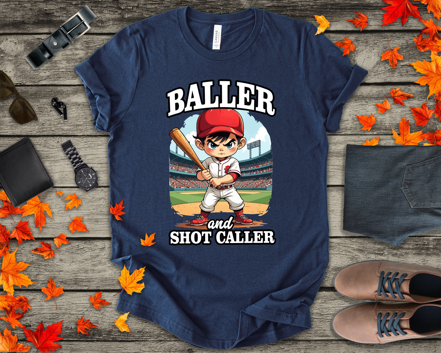 Baller And Short Caller Tshirt young baseball player standing confidently on the pitch