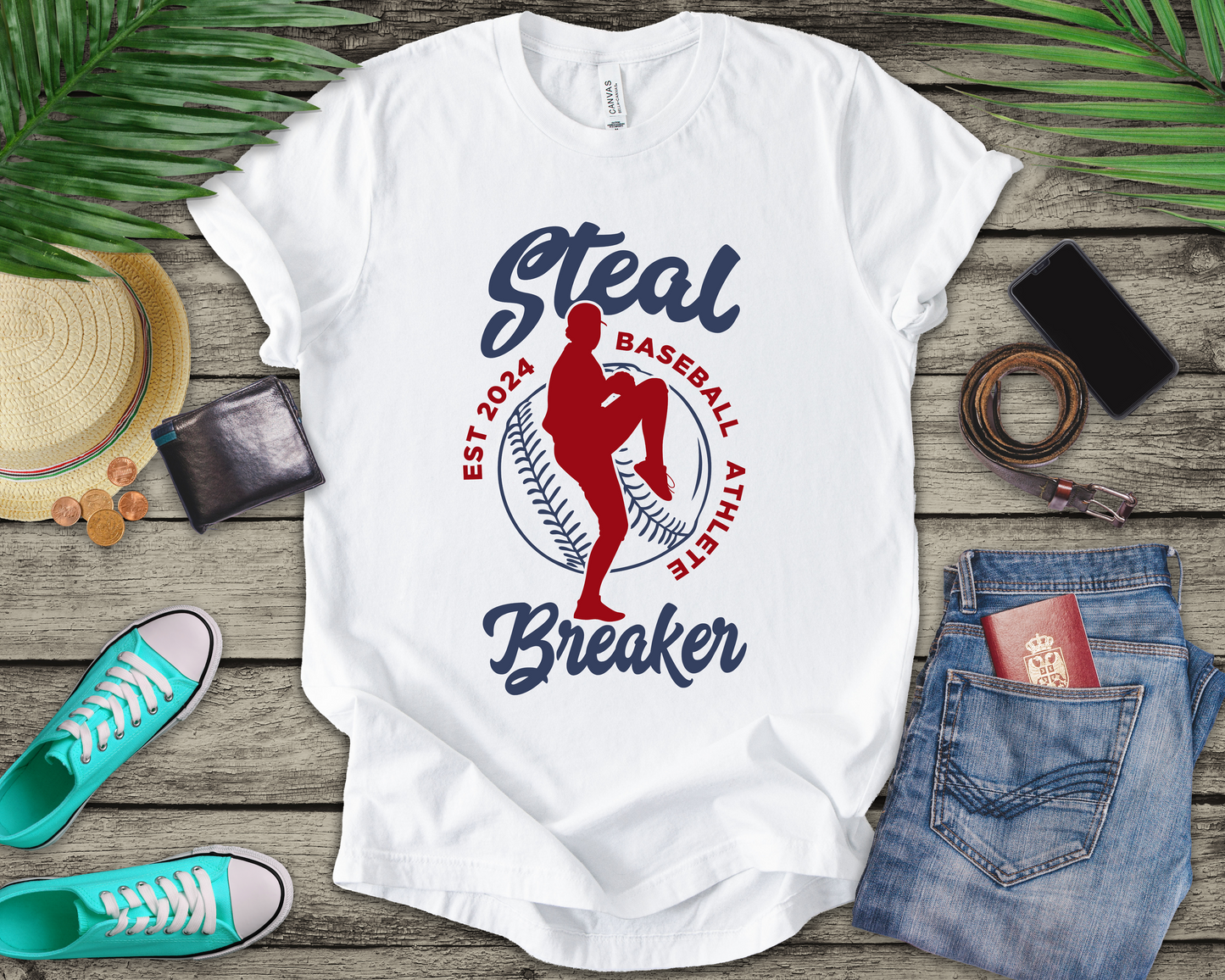 Baseball tshirt - Steal Breaker Tshirt Baseball Player Throwing Ball with Baseball Outline and Text Baseball Athlete