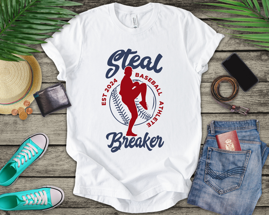 Baseball tshirt - Steal Breaker Tshirt Baseball Player Throwing Ball with Baseball Outline and Text Baseball Athlete