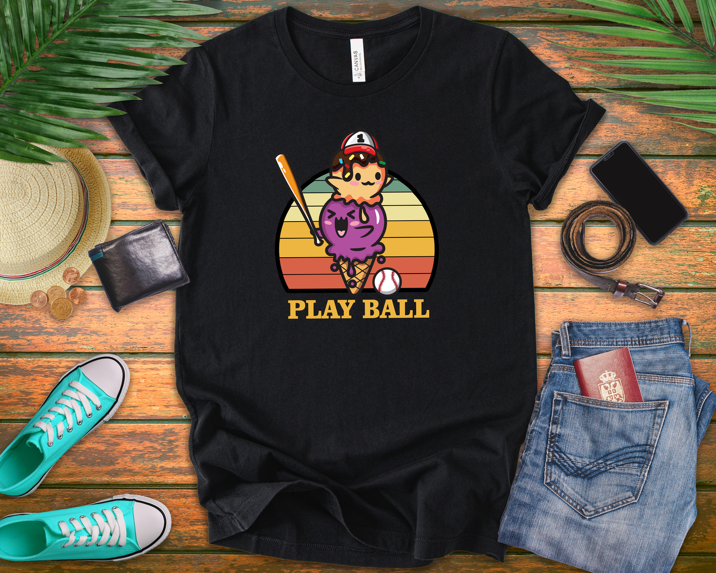 Baseball tshirt - Play Ball Drip Ice Cream Baseball Tshirt Fun Dripping Cone and Player Design