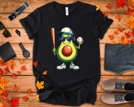 Aggressive Avocado Baseball Mascot Tshirt Bold Sports Fruit Character Design