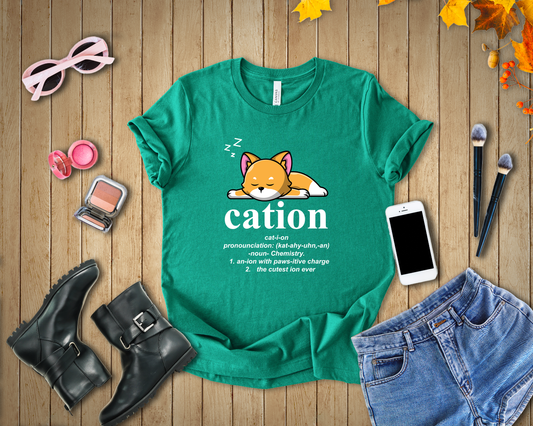 Caution Cat-i-on Tshirt – Lazy Sleepy Cat Chemistry Pun