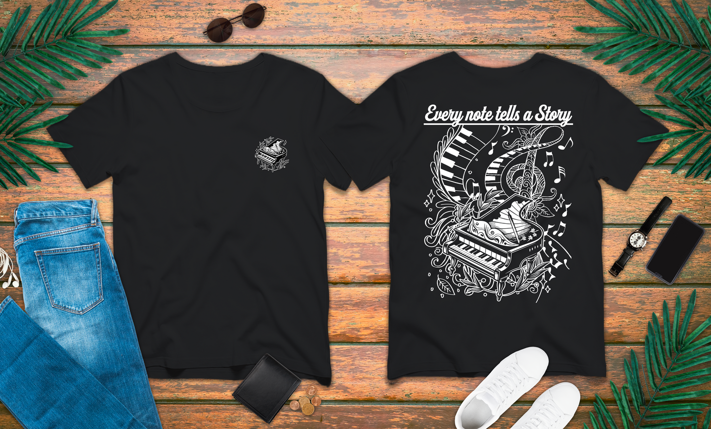 Grand Piano Story T-Shirt – Artistic Music Notes & Keys Graphic