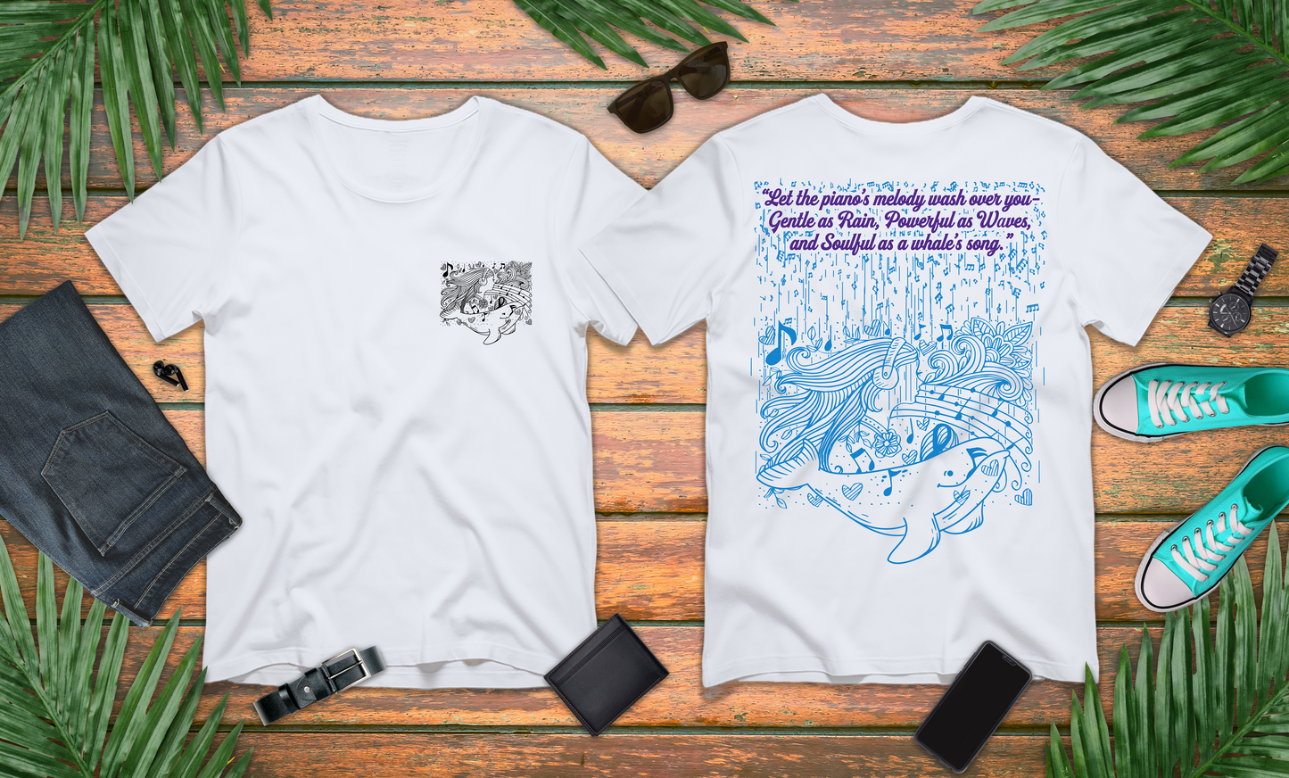 Gentle Rain, Powerful Waves, Soulful Whale Song Piano T-Shirt
