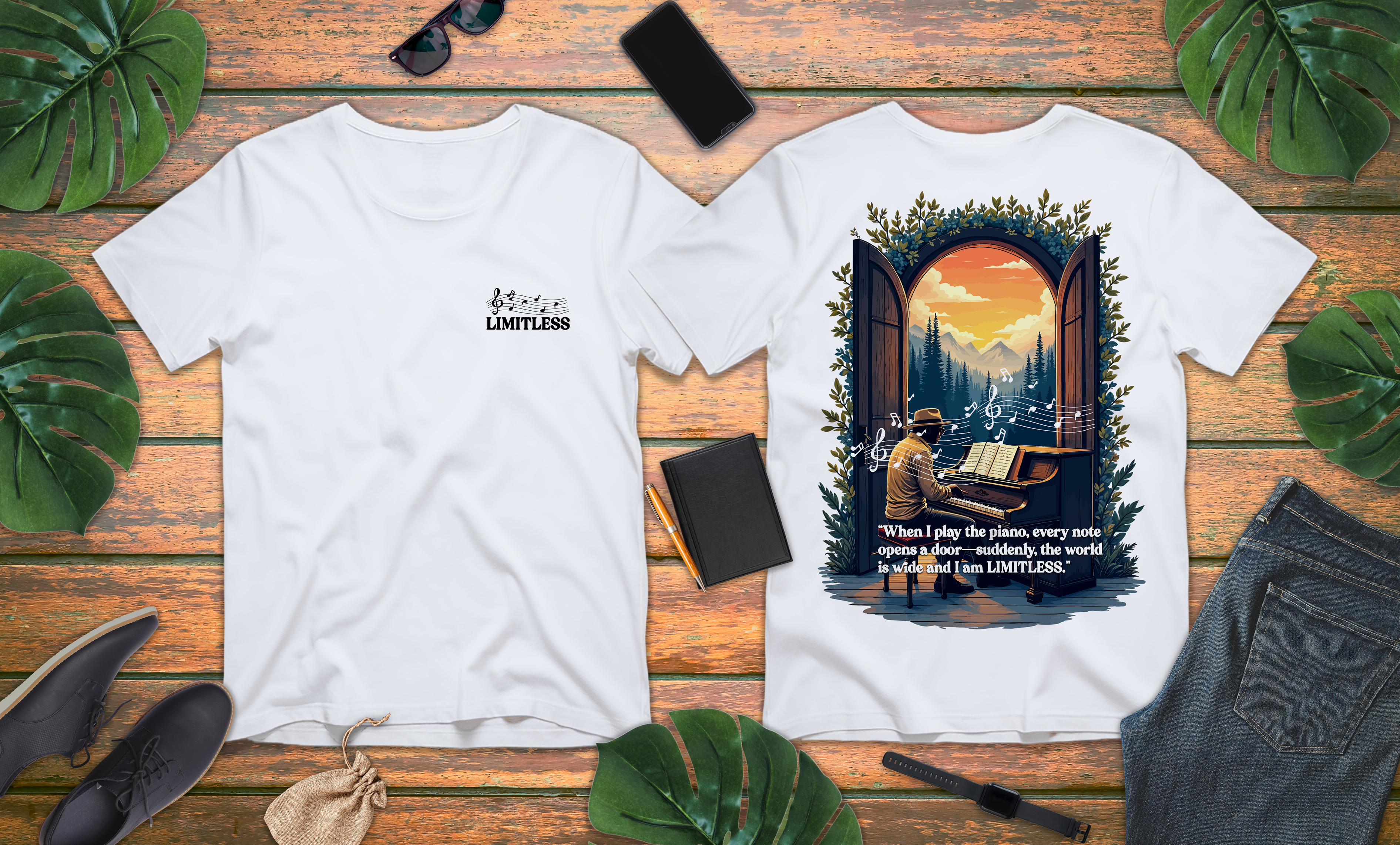 Limitless T-Shirt – Inspirational Piano and Nature Doorway Design