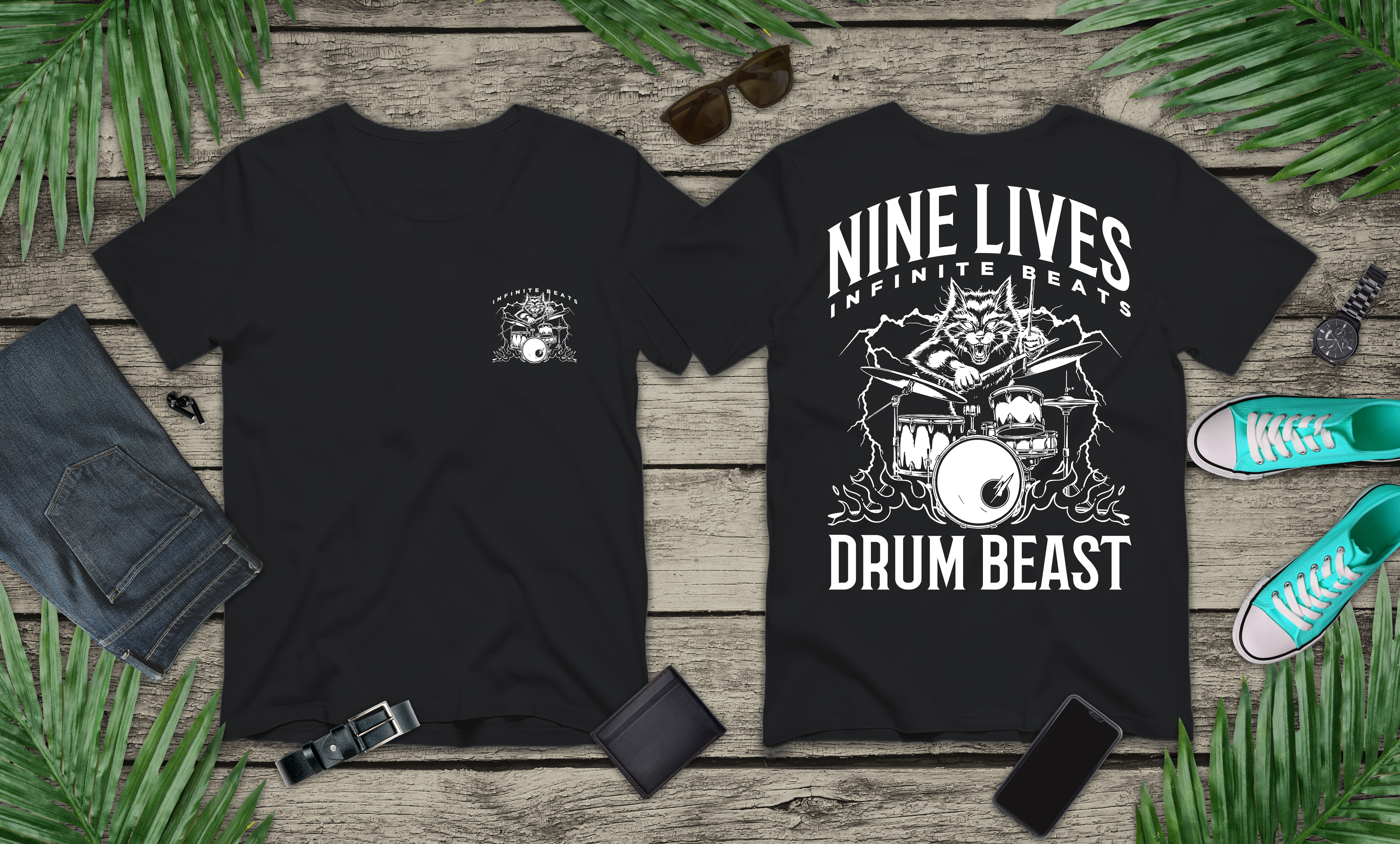 Nine Lives Infinite Beats DRUM BEAST T-Shirt – Furious Car Drum Machine Graphic