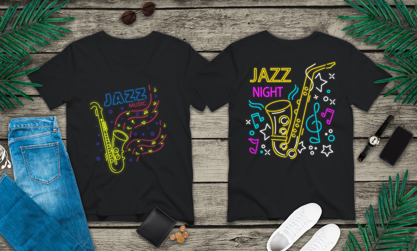 Neon Jazz Night Saxophone Music T-Shirt