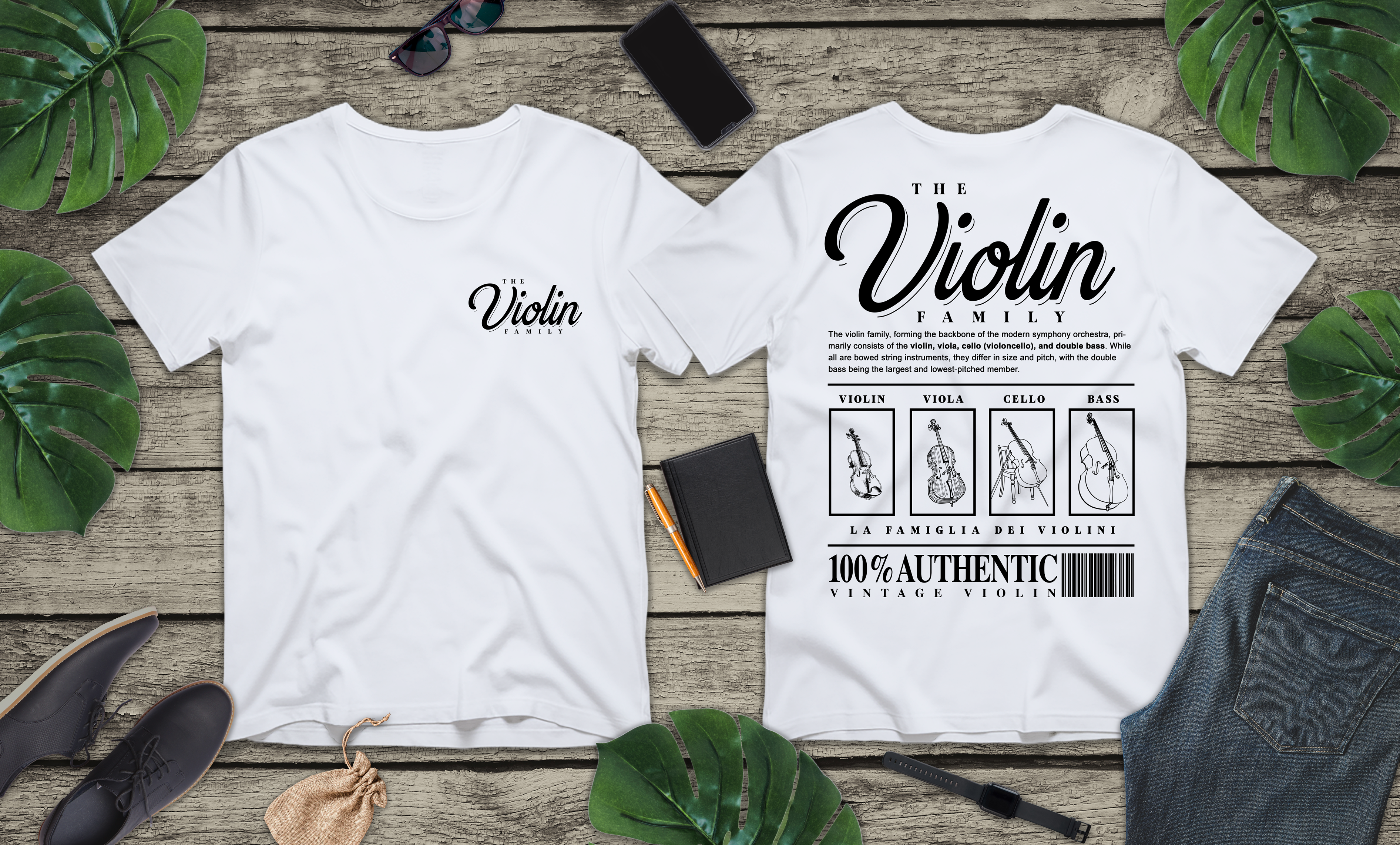 The Violin Family T-Shirt – Illustrated Guide to String Instrument Lineage [Violin, Viola, Cello, Bass]