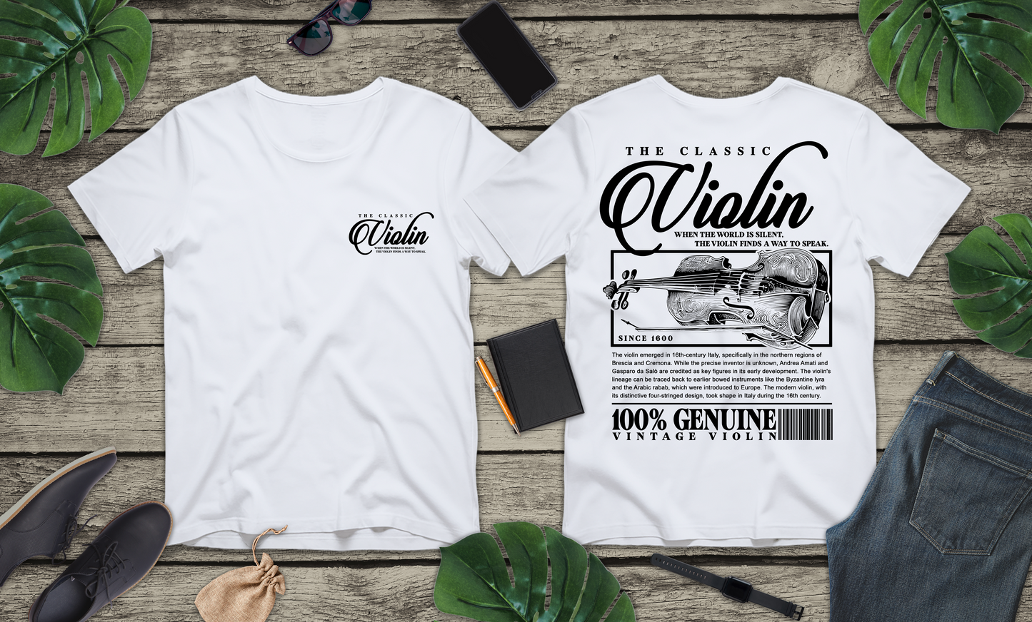 The Classic Violin T-Shirt – Vintage Instrument & 16th Century Story [Black Text]