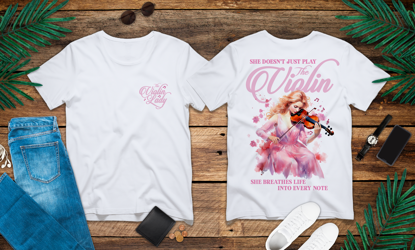 The Violin T-Shirt – Woman in Pink Dress with Flowers and Music Notes
