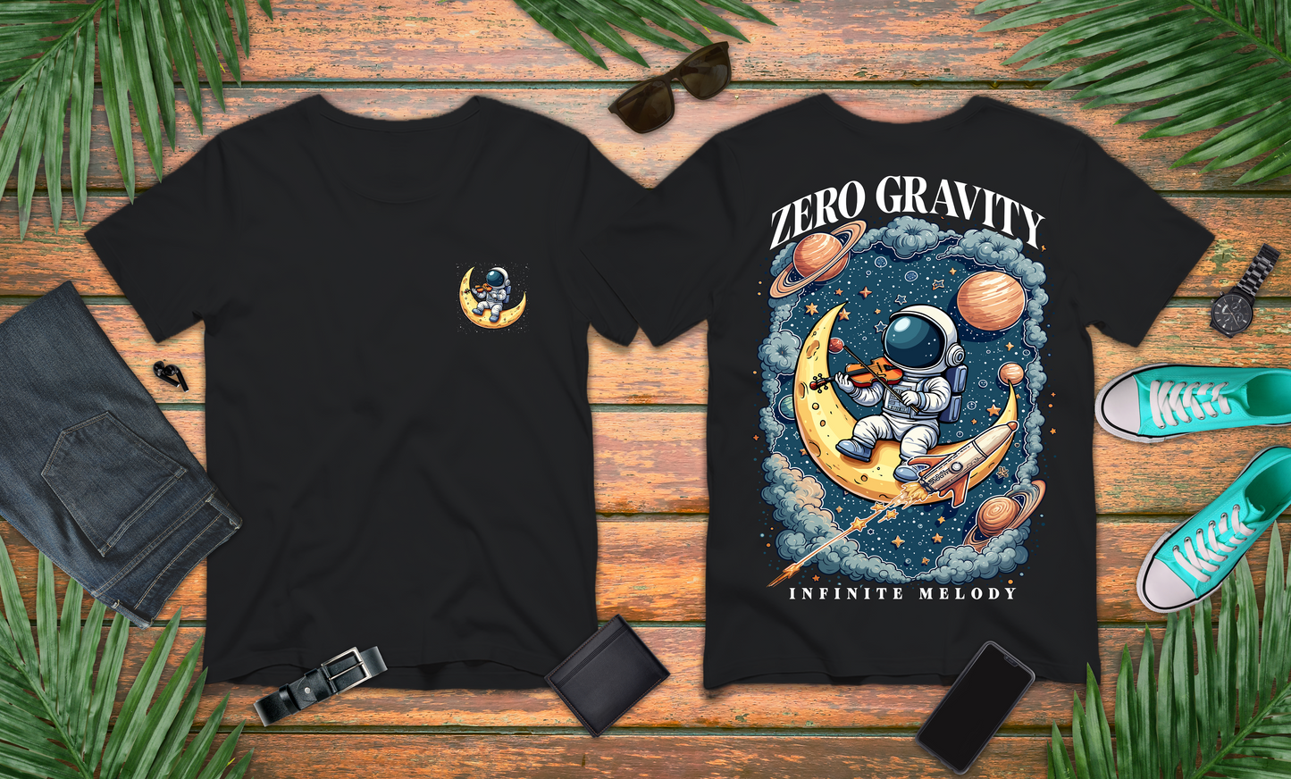 Zero Gravity Infinite Melody T-Shirt – Astronaut Violinist on Crescent Moon