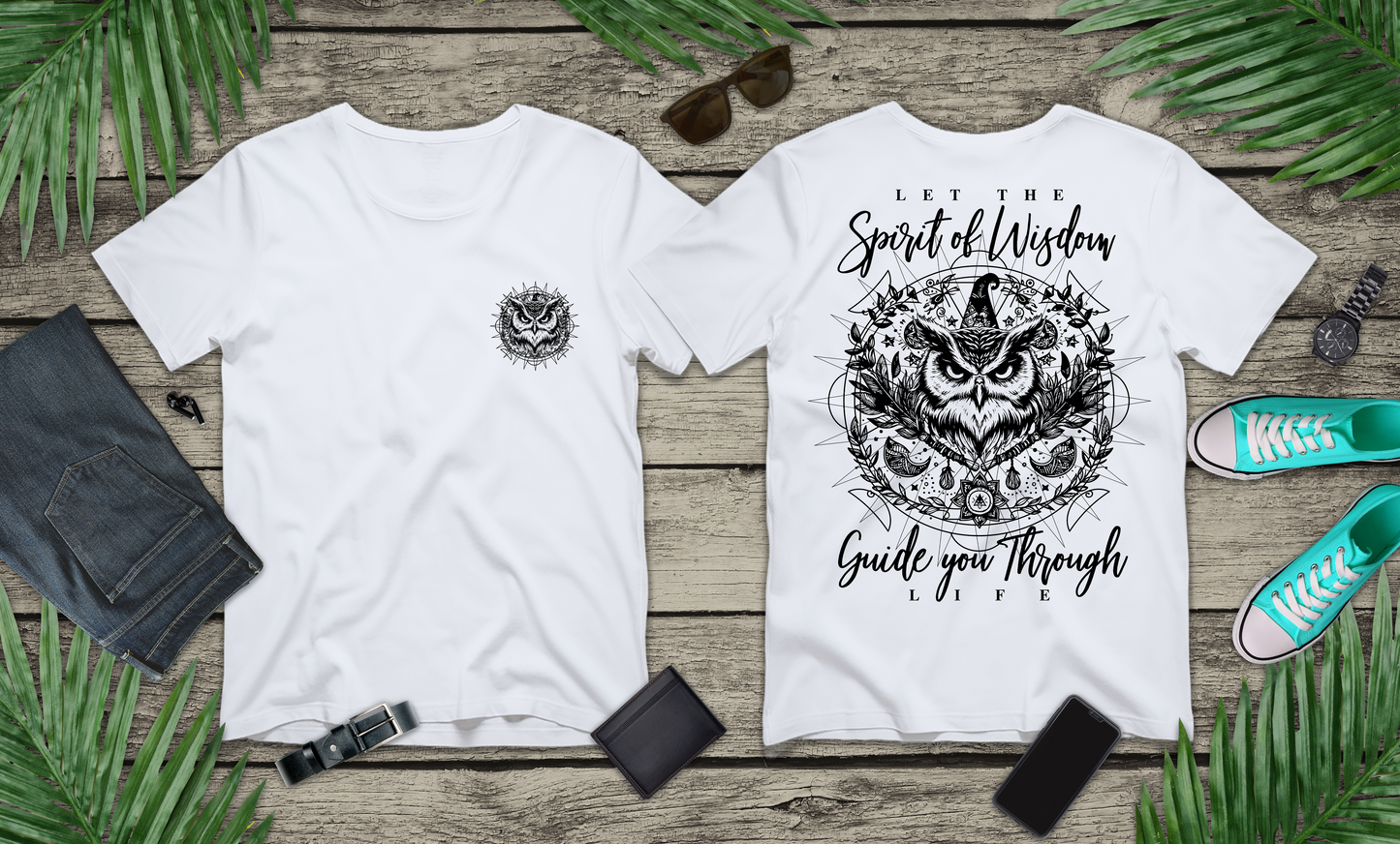 Spirit of Wisdom Owl T-Shirt – Wise Owl with Witch Hat and Medal [Black Text]