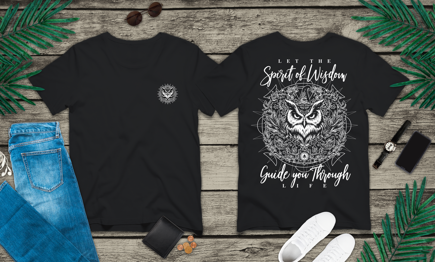 Spirit of Wisdom Owl T-Shirt – Wise Owl with Witch Hat and Medal [White Text]