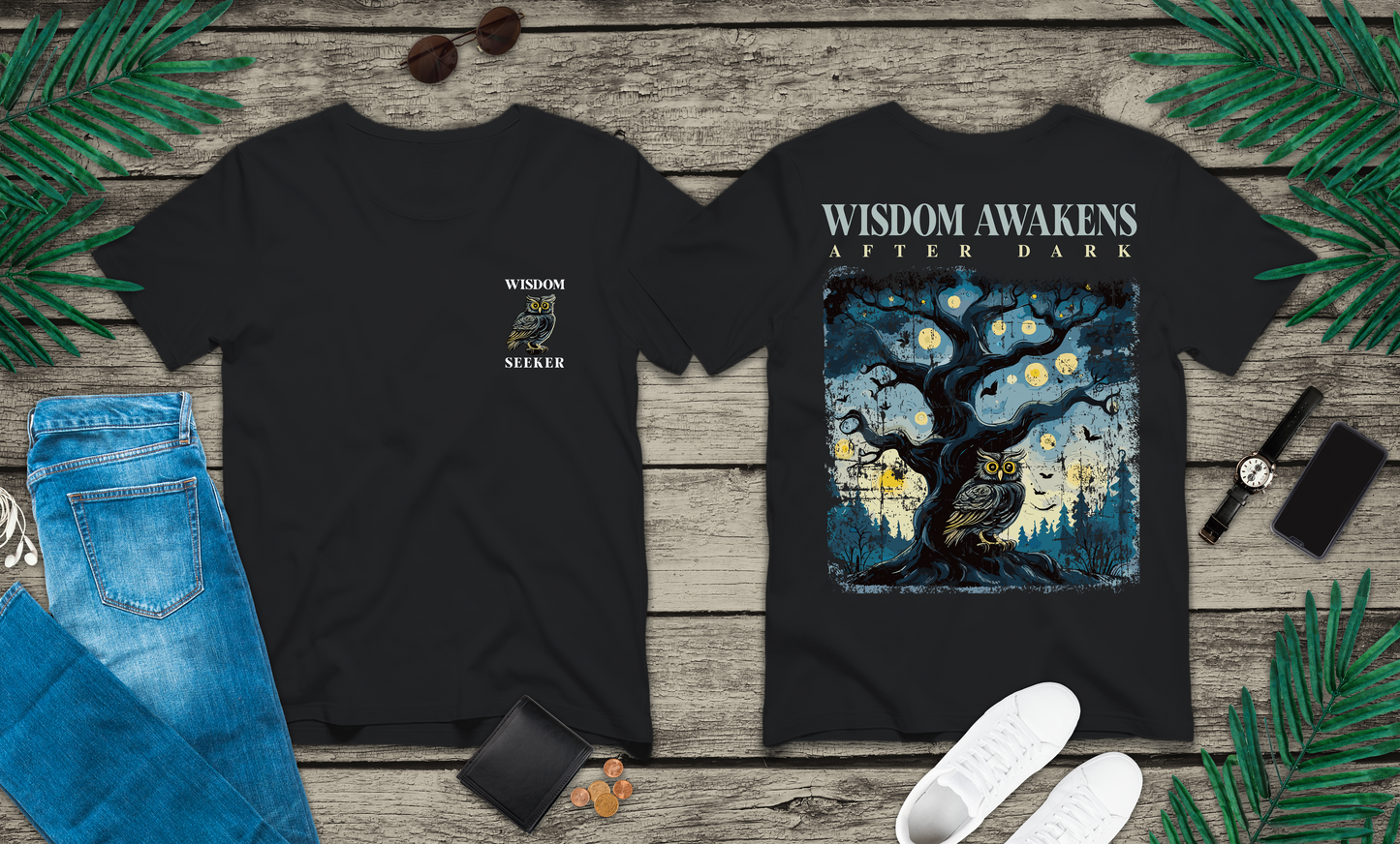 Wisdom Awakens After Dark T-Shirt – Night Owl and Moonlit Tree Graphic