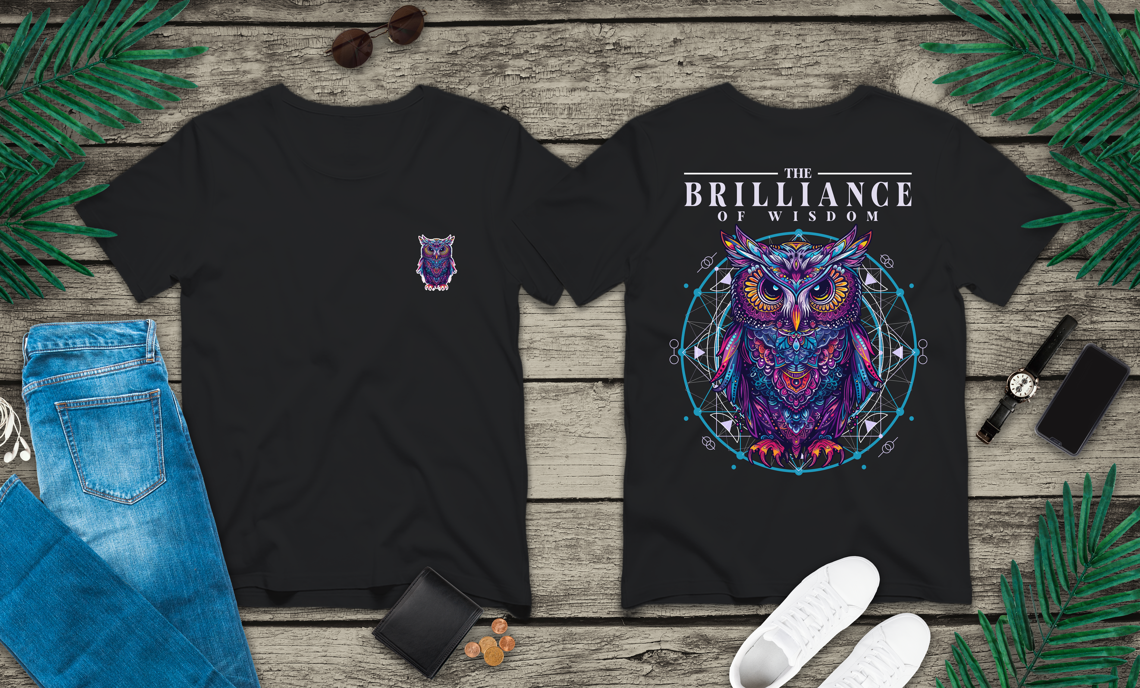 The Brilliance of Wisdom T-Shirt – Vibrant Owl with Geometric Art