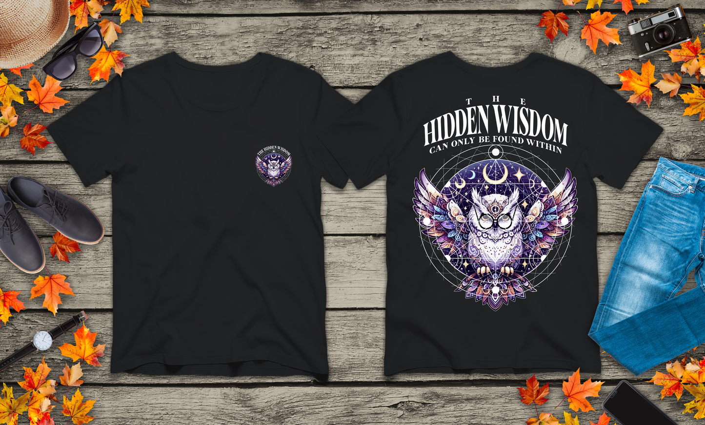 The Hidden Wisdom Within T-Shirt – Vibrant Flying Owl with Geometric Lines