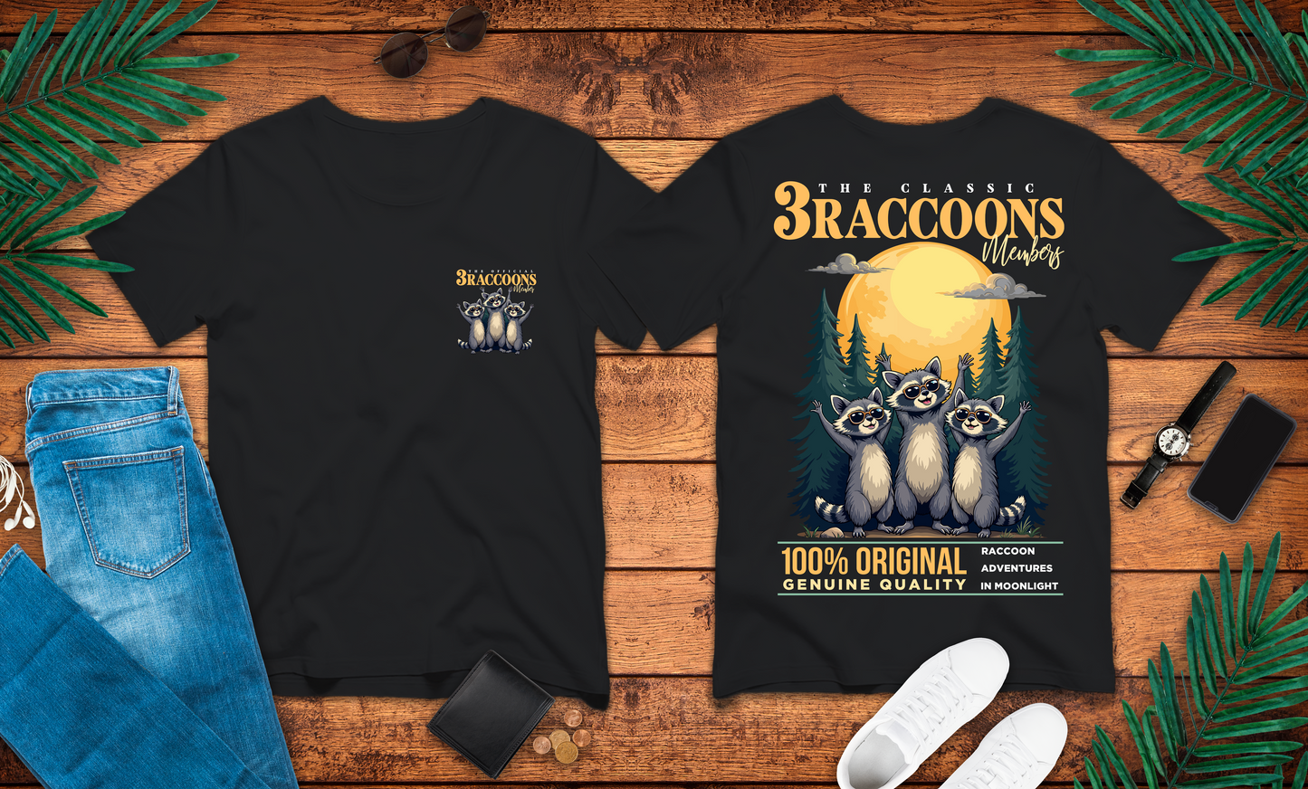 The Classic 3 Raccoon Members T-Shirt – Moonlight Racoon Adventure Graphic