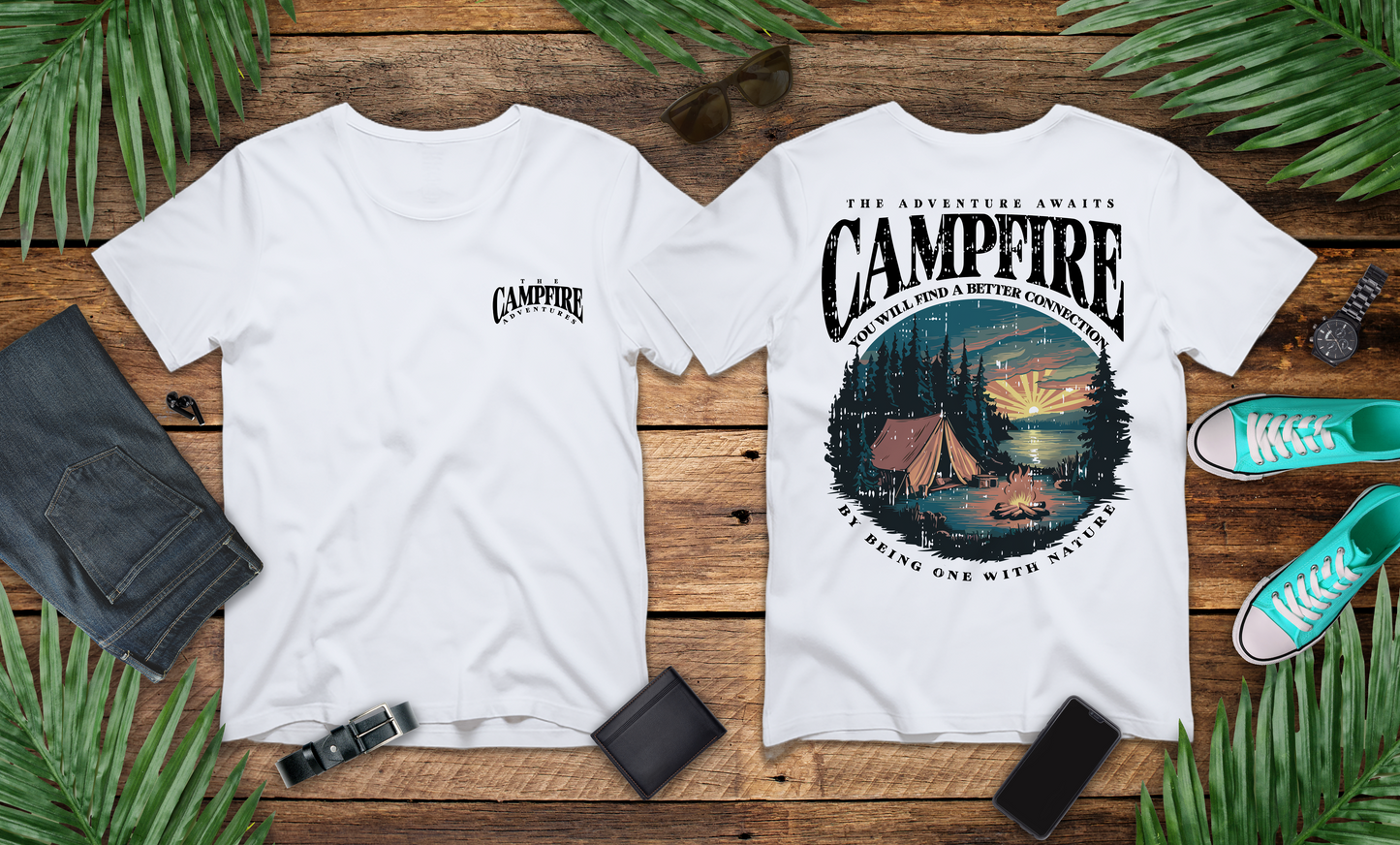 The Adventure Awaits Campfire T-Shirt – Forest Sunset Reflection Graphic