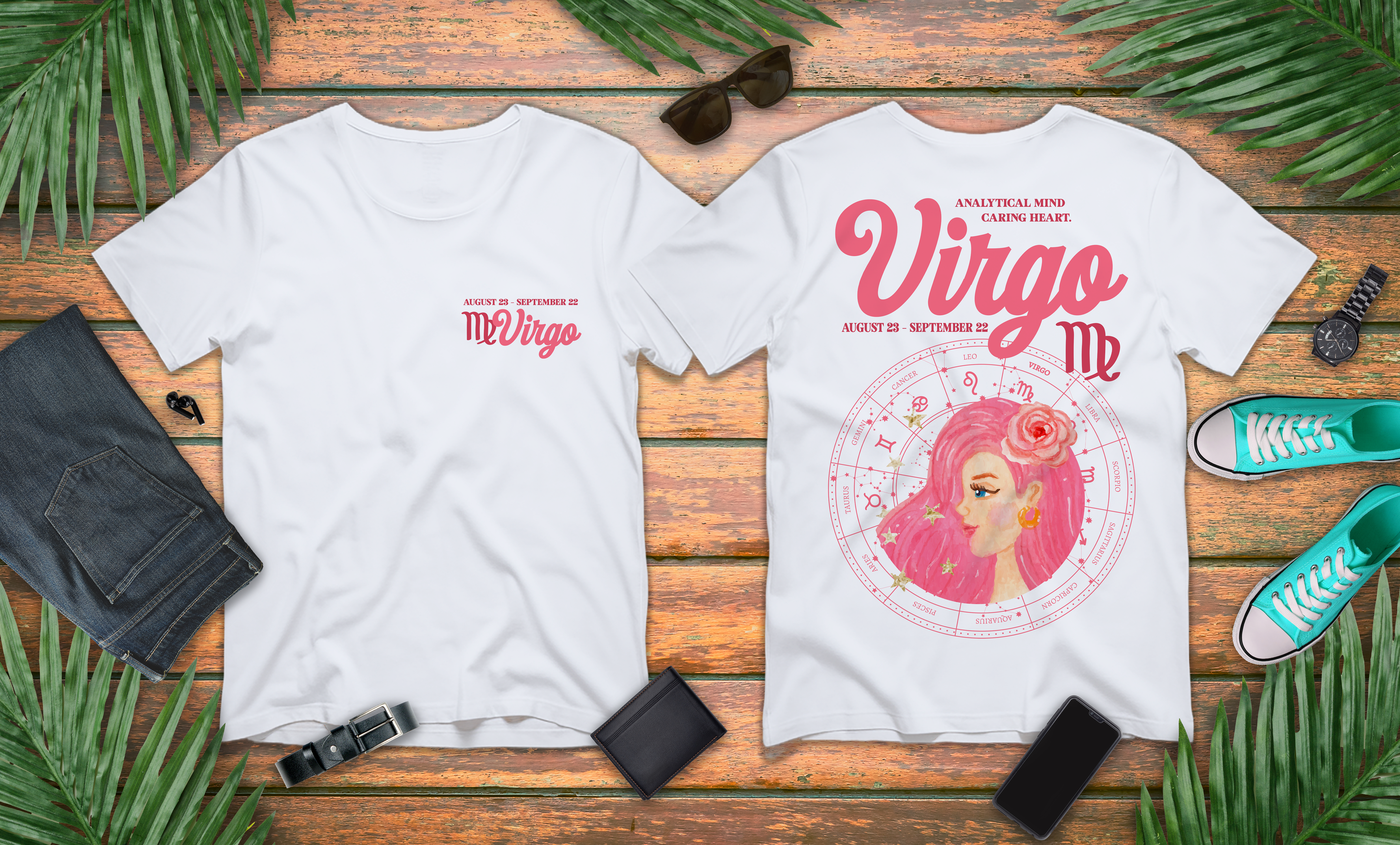 Virgo Zodiac Lady T-Shirt – Analytical Mind Caring Heart Astrological Wheel