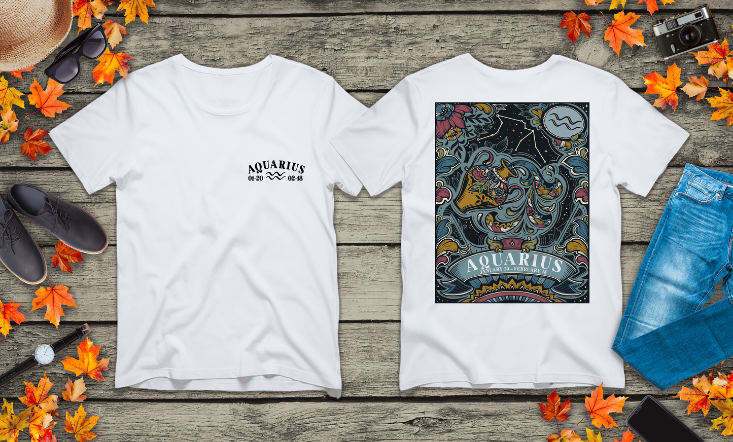 Aquarius Constellation & Floral Zodiac T-Shirt – January 20 to February 18