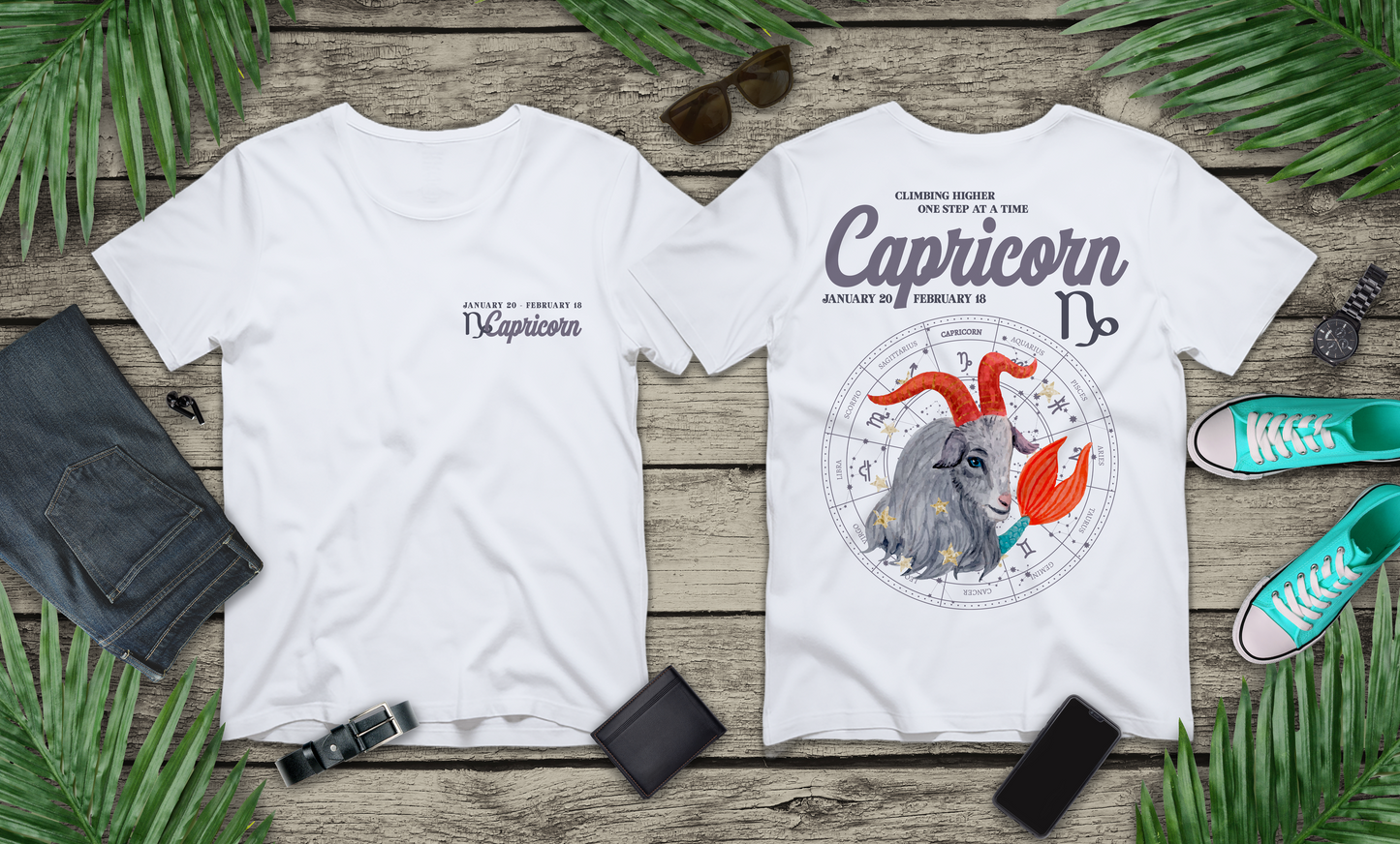 Capricorn Zodiac T-Shirt – Climbing Higher One Step At A Time Astrological wheel