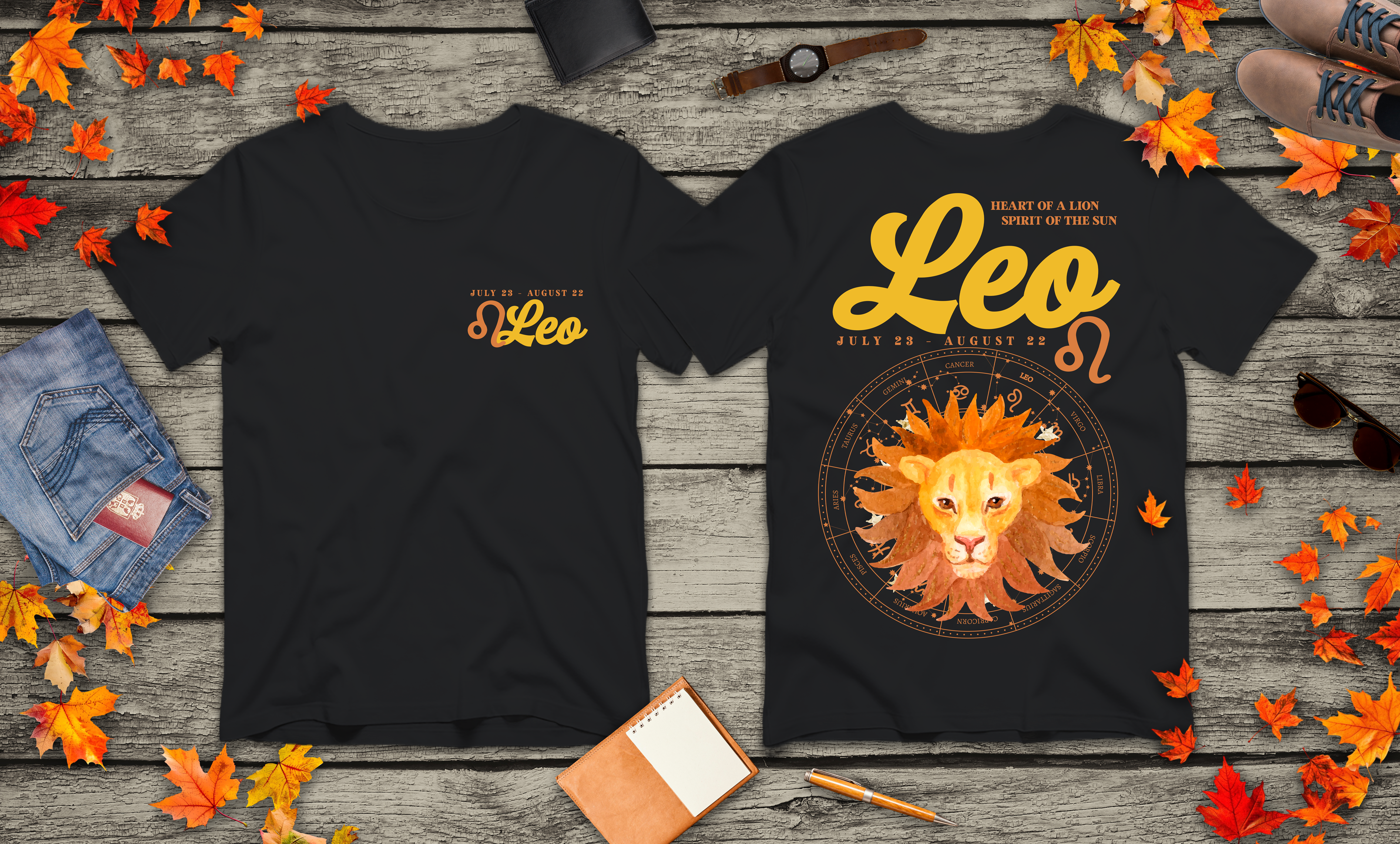 Leo Zodiac T-Shirt – Heart of the Lion, Spirit of the Sun Astrological wheel