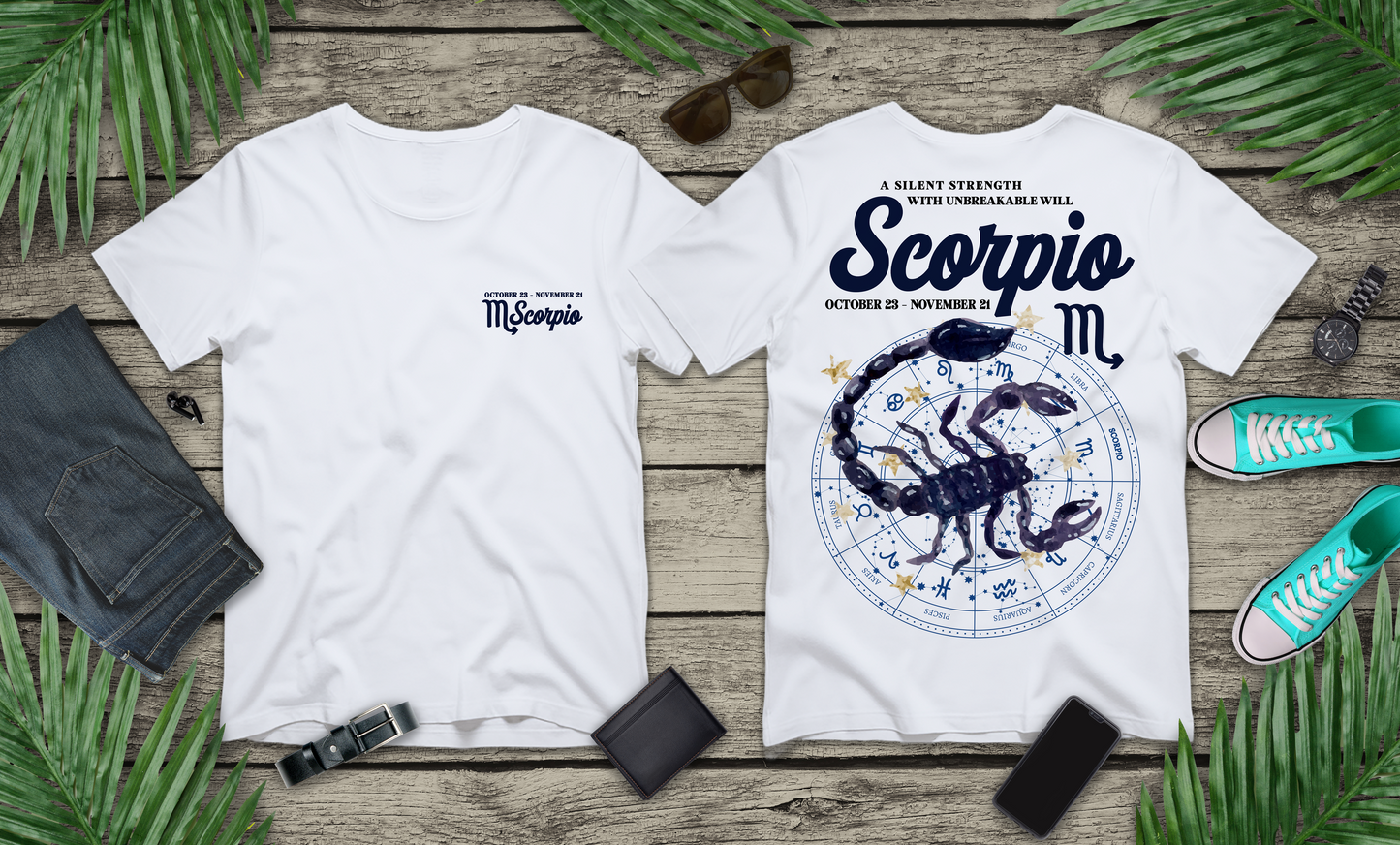 Scorpio Silent Strength T-Shirt – Scorpion with Zodiac Calendar Background