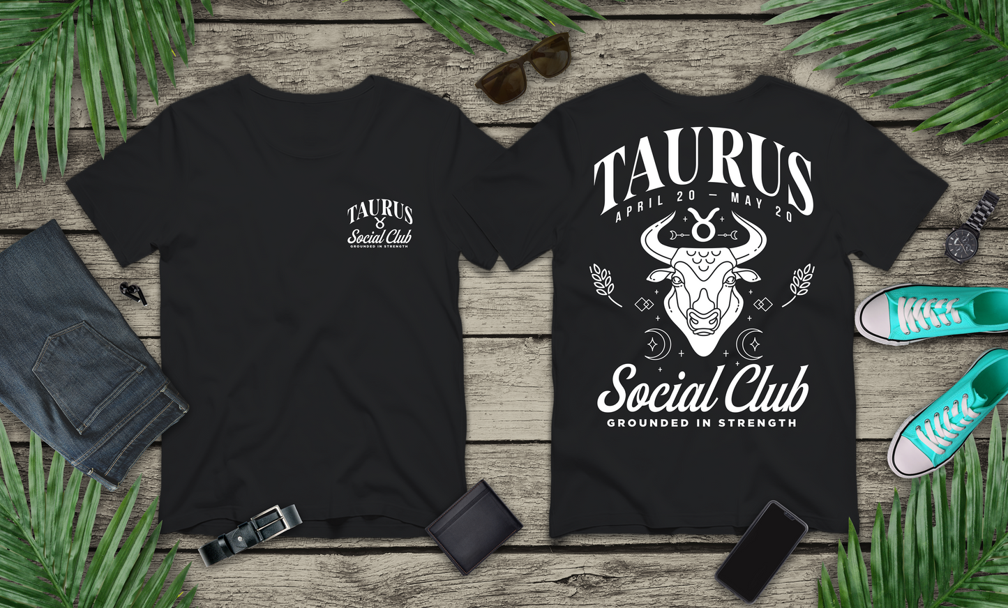 Taurus Zodiac T-Shirt – Bull Head with Astrological Wheel and Earth Element