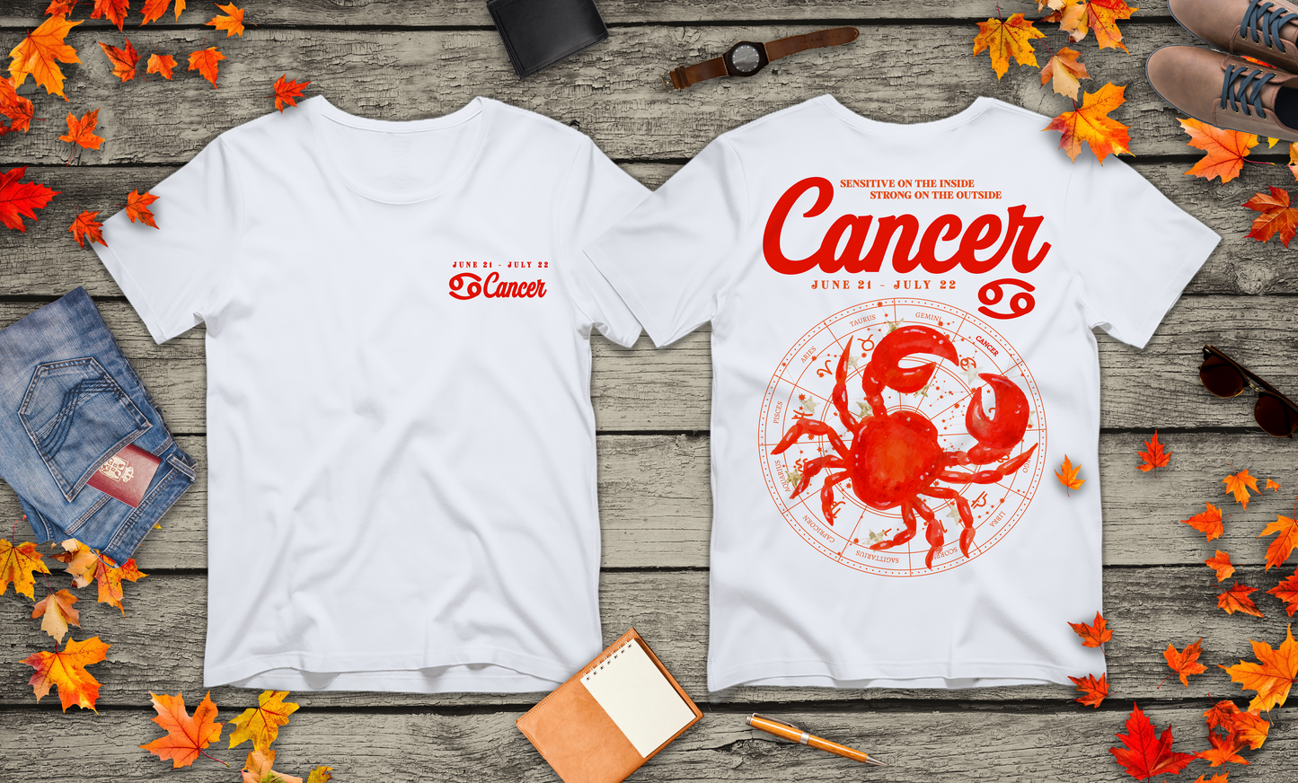 Cancer Zodiac T-Shirt – Crab with Astrological Wheel and Water Element