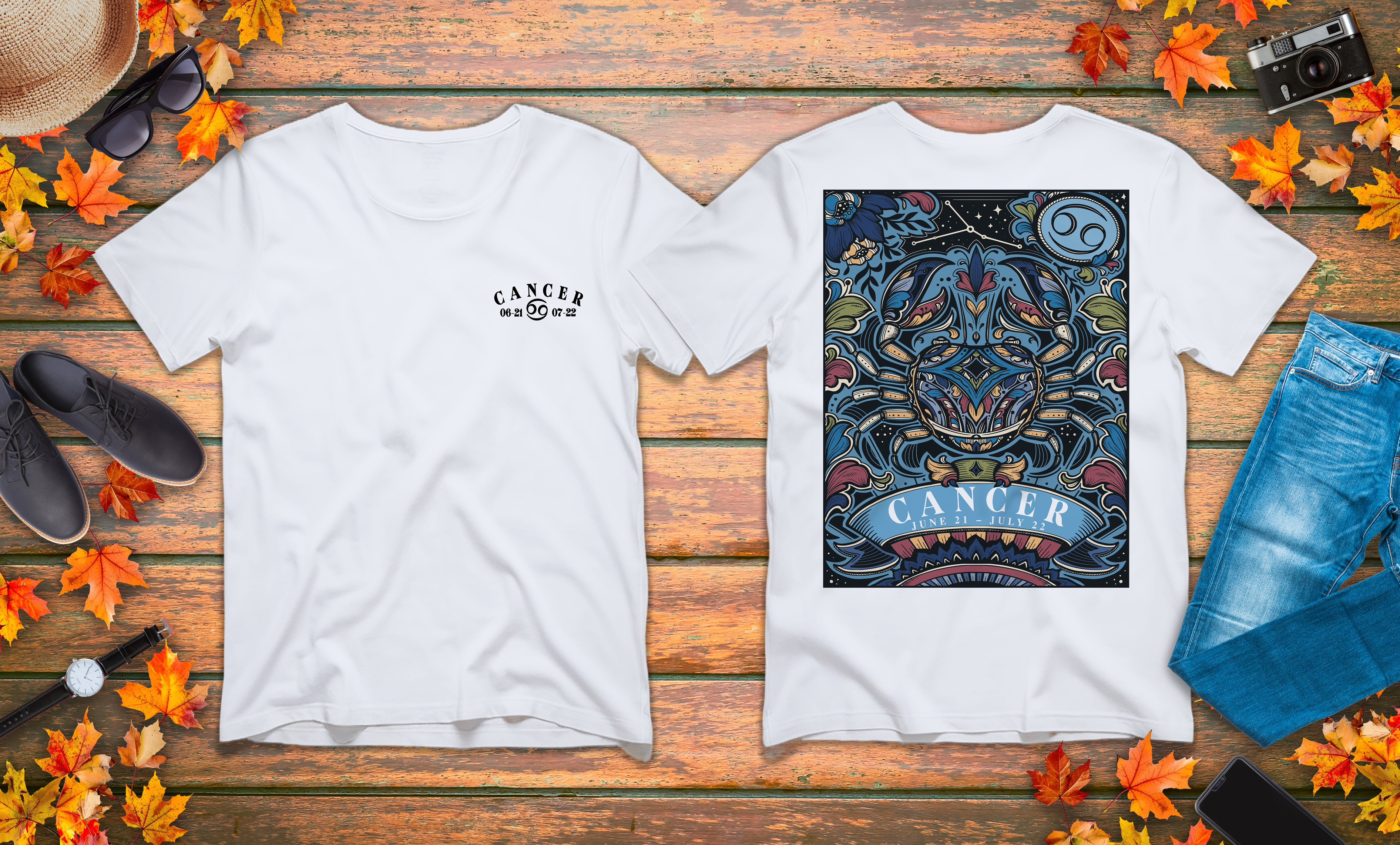 Colorful Cancer Zodiac T-Shirt – Crab with Constellation, Leaves & Flowers